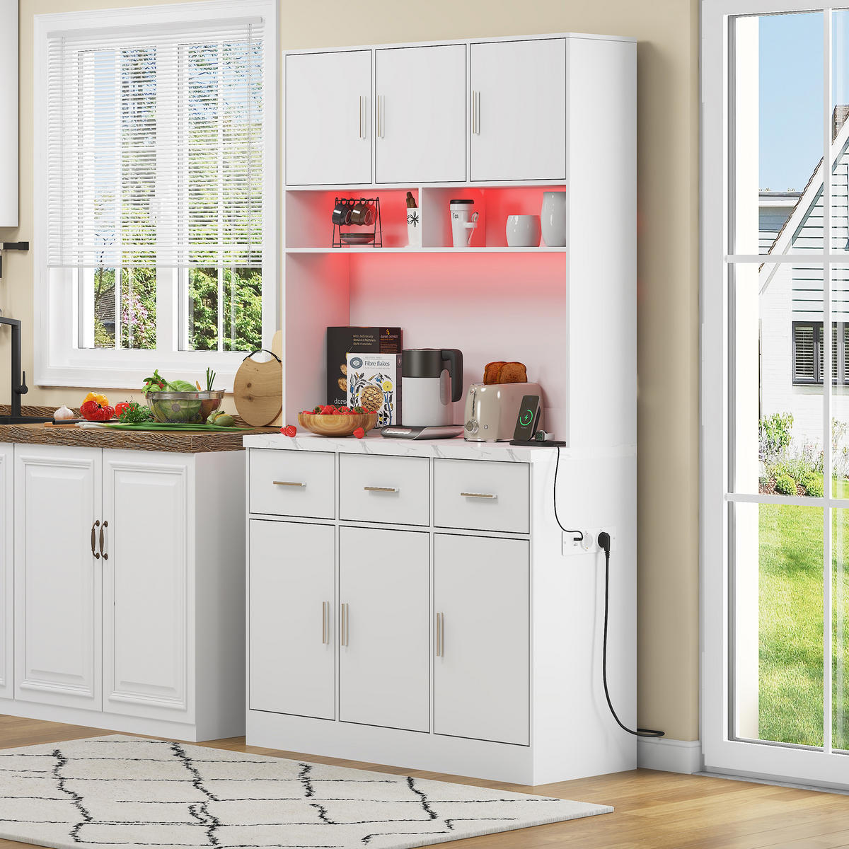 BUFFETSCHRANK aus MDF, mit LED, Schubladen & Steckdosenleiste, 100/40/180 cm, Weiß - Weiß, Holzwerkstoff (100/180/40cm) - Modfu