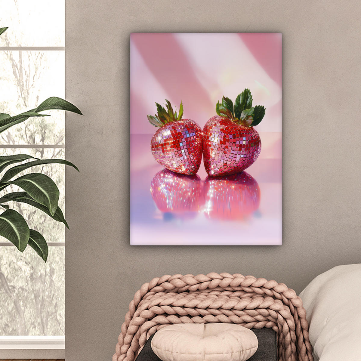 LEINWANDBILD Disco - Obst - Glitzer - Erdbeere 60x80 cm - Pink, Textil (60/80cm) - MuchoWow
