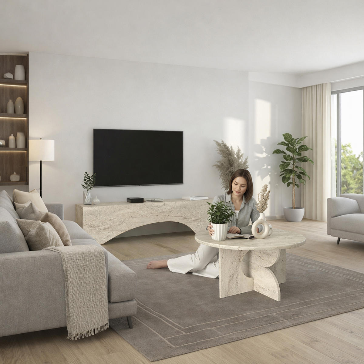 MOEBEL17 TV Lowboard 150 cm Travertin Optik – Modernes Lowboard TV Schrank – TV Board Wohnzimmer – Fernsehtisch Steinoptik – TV Möbel Sideboard Modern - Beige, Holzwerkstoff (158/45/9cm) - moebel17