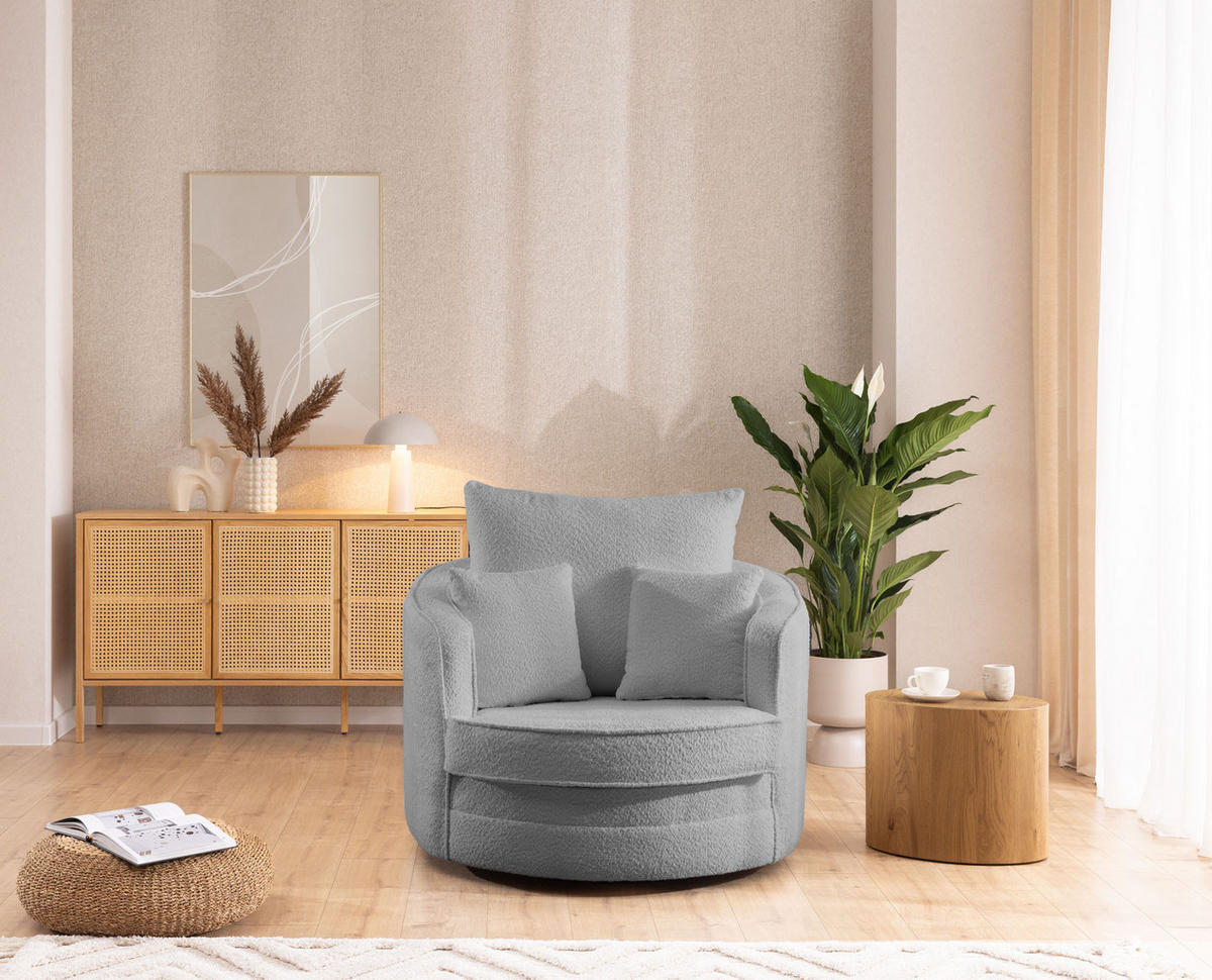 DREHSESSEL Ted aus Grau Boucle-Stoff - Schwarz/Grau, Holz/Textil (107/94/100cm) - S-Style Möbel