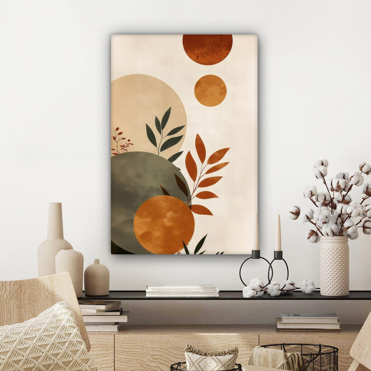 LEINWANDBILD Formen - Rund - Blätter - Beige 40x60 cm - Rostfarben, Textil (40/60cm) - MuchoWow