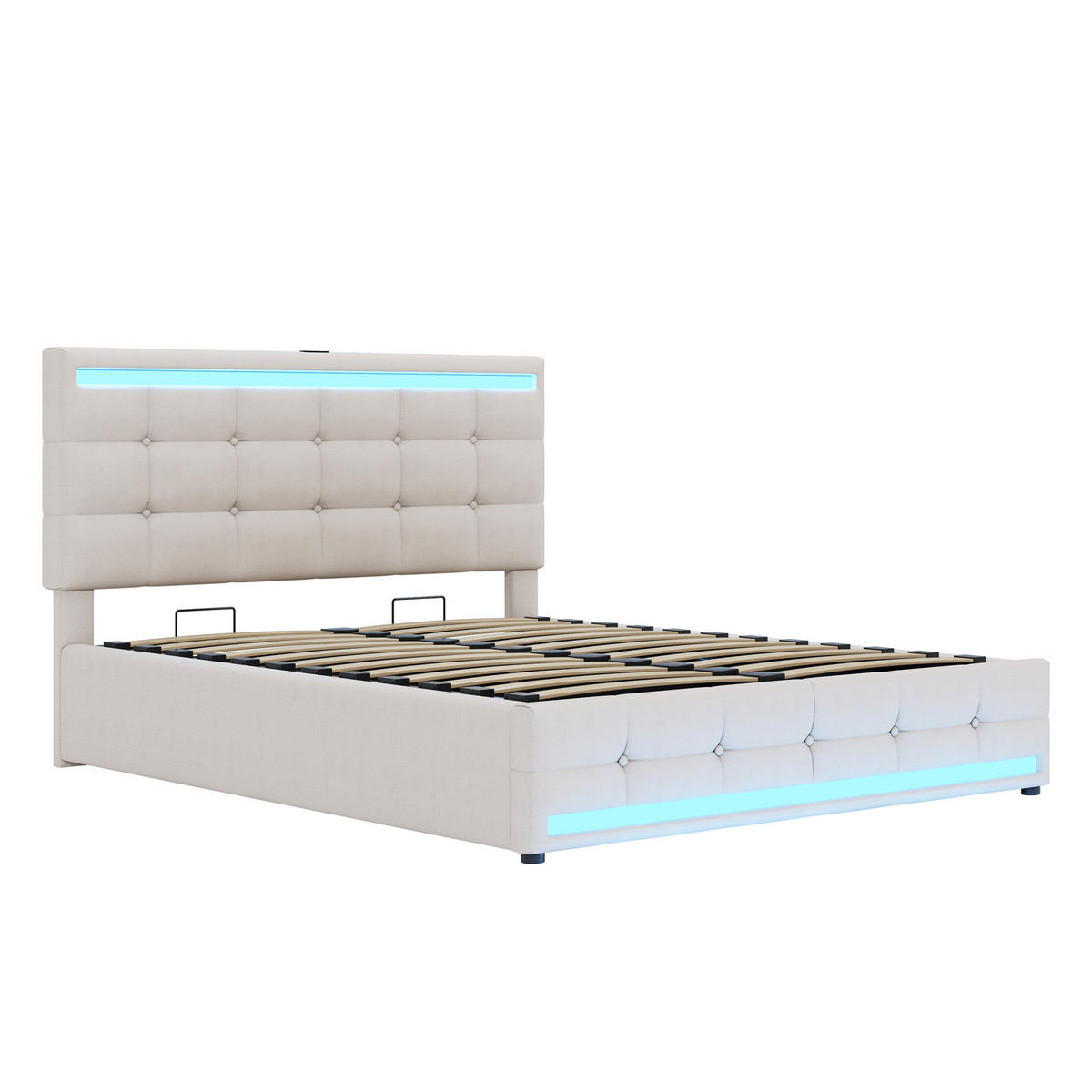 STAURAUMBETT 140/200 cm DE-01576, in Beige, mit LED-Beleuchtung, USB und hydraulischem Bettkasten - Beige, Metall (140/200cm) - ComfortXL