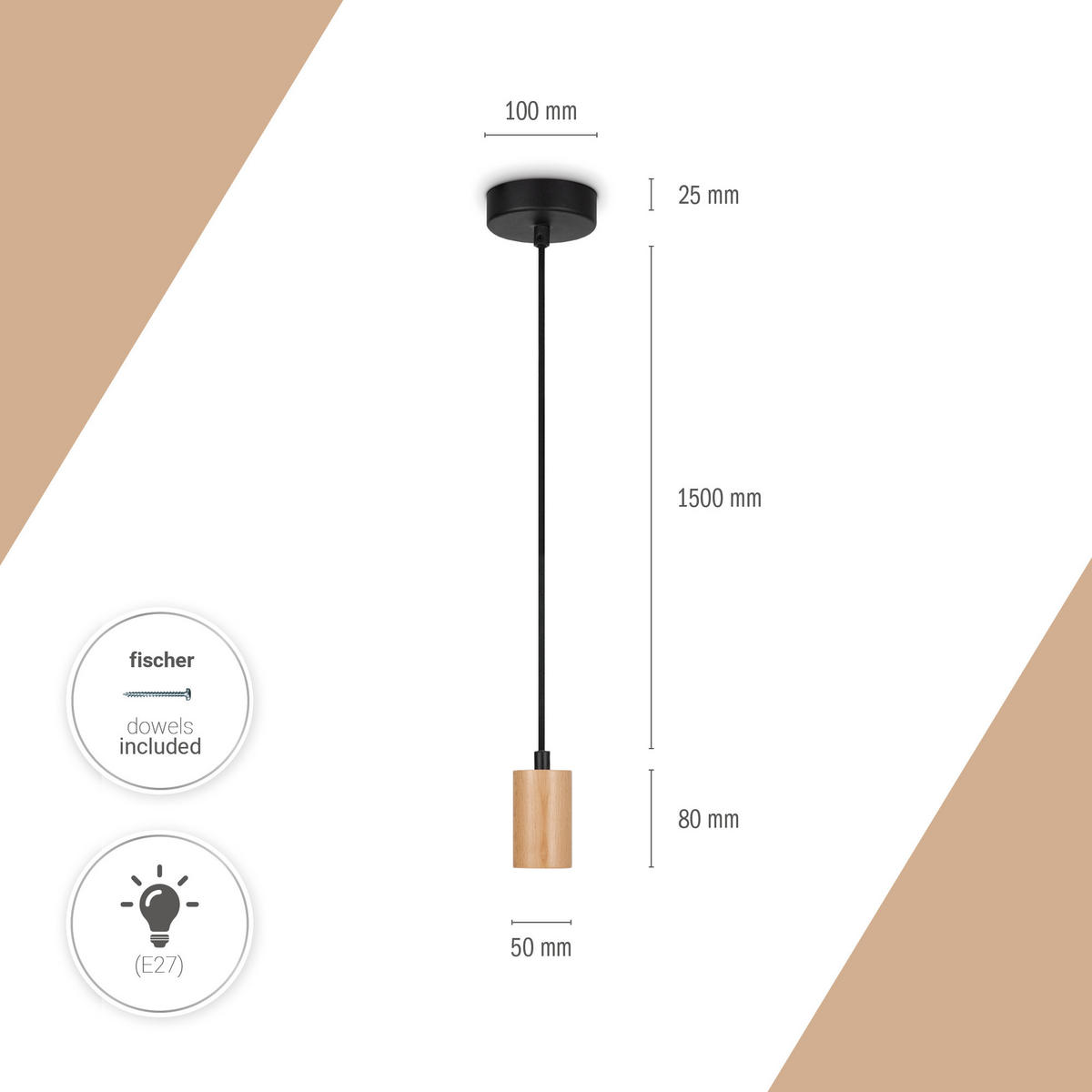 PENDELLEUCHTE Hugo - Naturfarben, Holz (5/5/8.4cm) - Paco Home