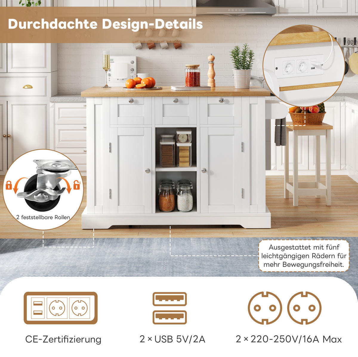 KÜCHENINSEL 132/40(70)/87 cm aus MDF mit klappbarer Arbeitsplatte Weiß/Natur - Weiß, Holzwerkstoff (132/87/70cm) - Modenvie