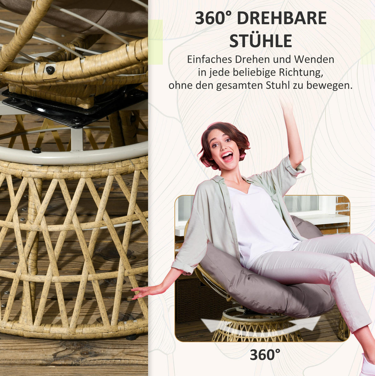 BISTRO-SET Stuhl 85/70/82 cm mit Tisch Ø45/45 cm, Rattan mit Kissen und Glasplatte, Coffee - Braun, Naturmaterialien - Redom
