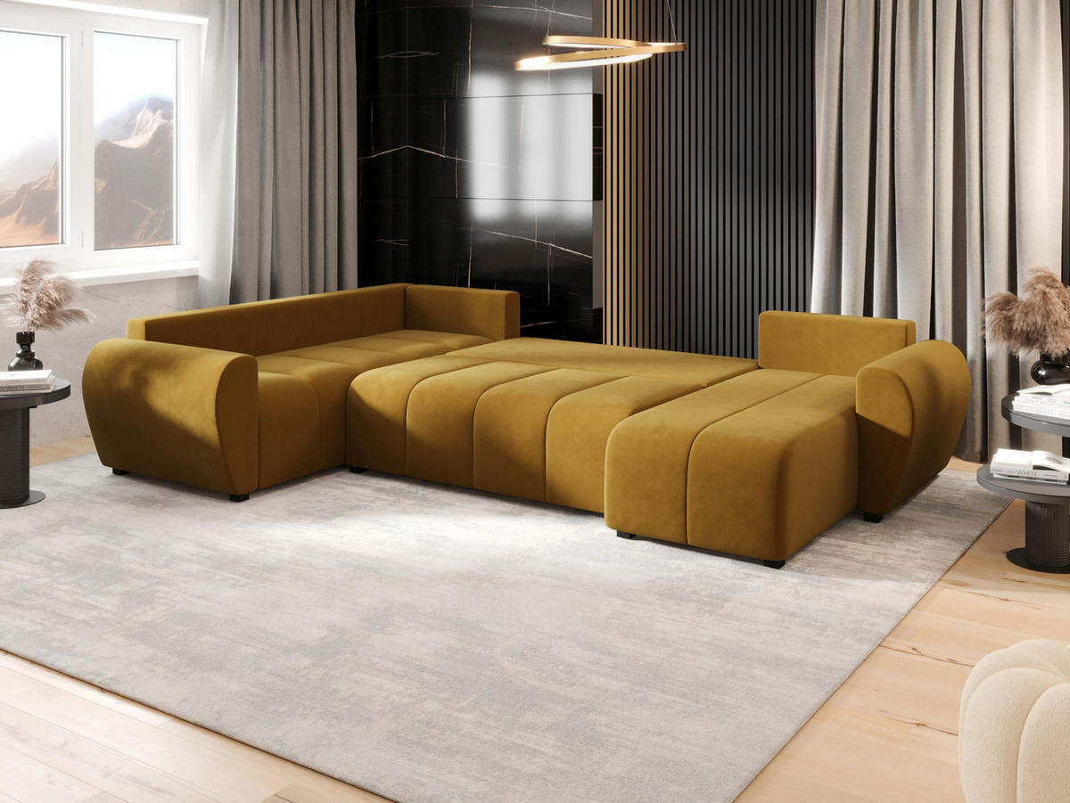 WOHNLANDSCHAFT MOLISA U PLUS Itaka 33 Rechts mit Schlaffunktion - Currygelb, Textil (303/82/208cm) - Bedante