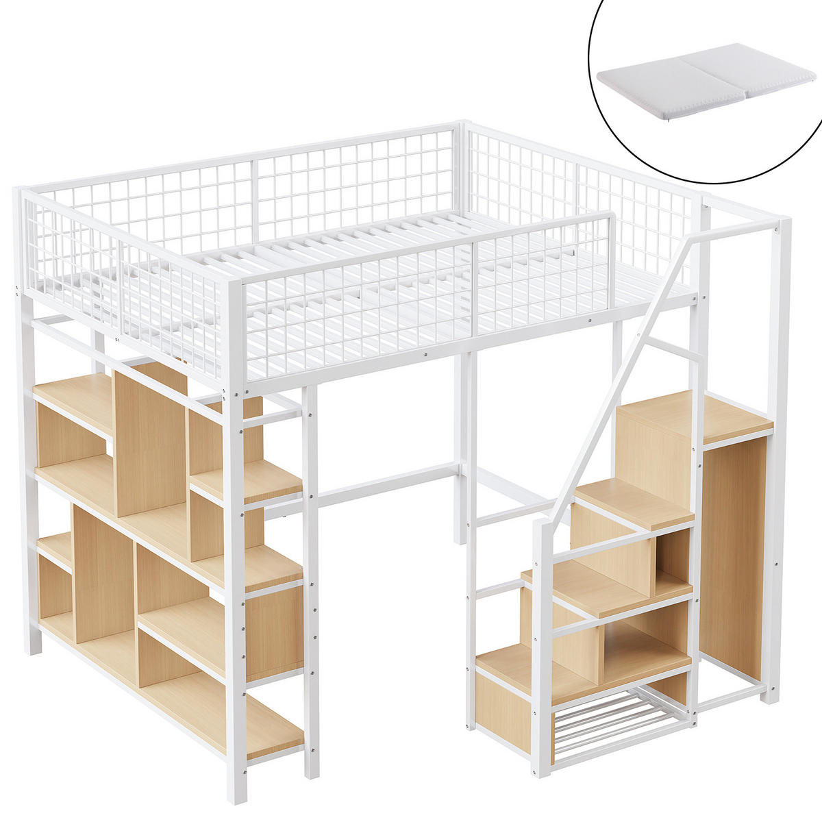 HOCHBETT 140/200 cm weiß Metallbett mit Stauraumtreppe und Ablageflächen mit Matratze - Weiß, Metall (140/200cm) - OKWISH