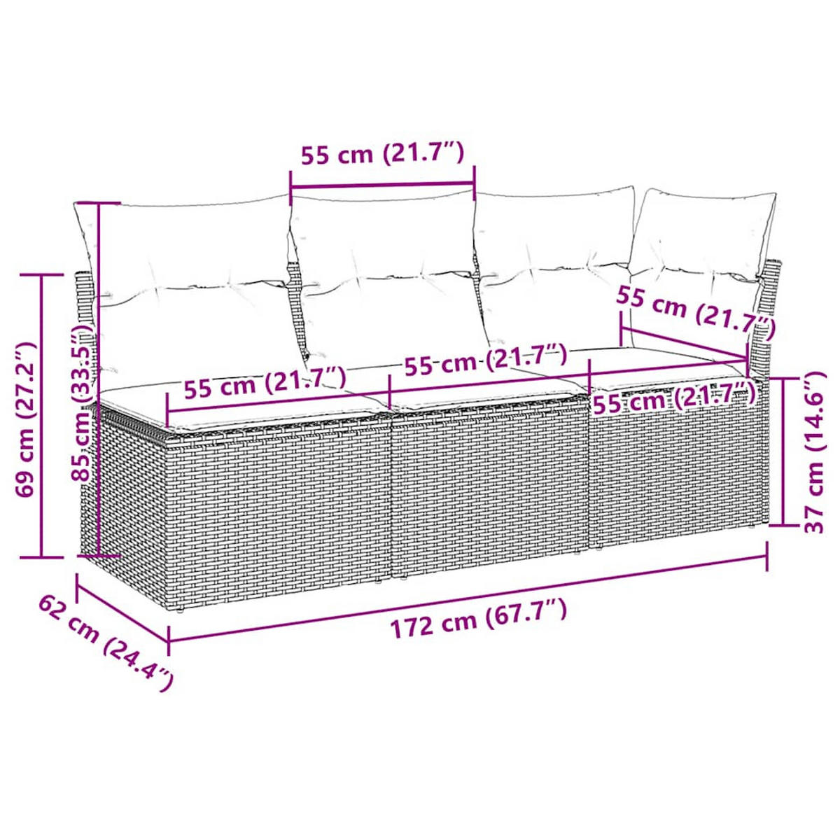 GARTENSOFA Mit Kissen 3-Sitzer Hellgrau Poly Rattan - Grau, Kunststoff (172/69/62cm) - vidaXL