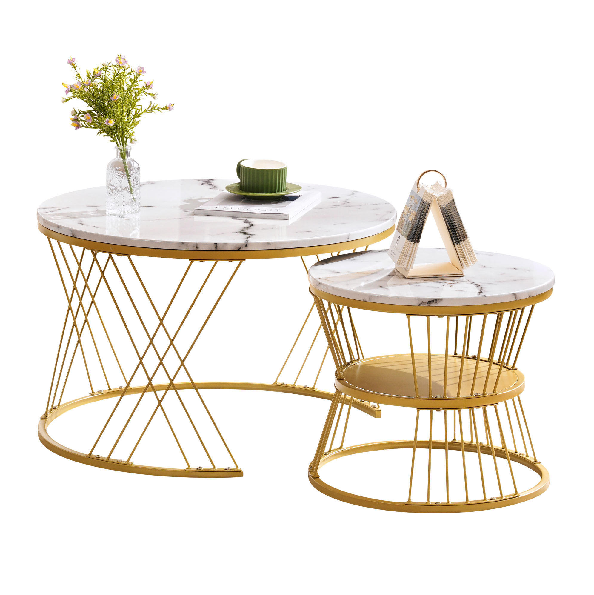 Modfu SADA konferenčních stolků z MDF 70x70x47/45x45x40 cm bílá s mramorovým dekorem, vysoký lesk, zasouvací