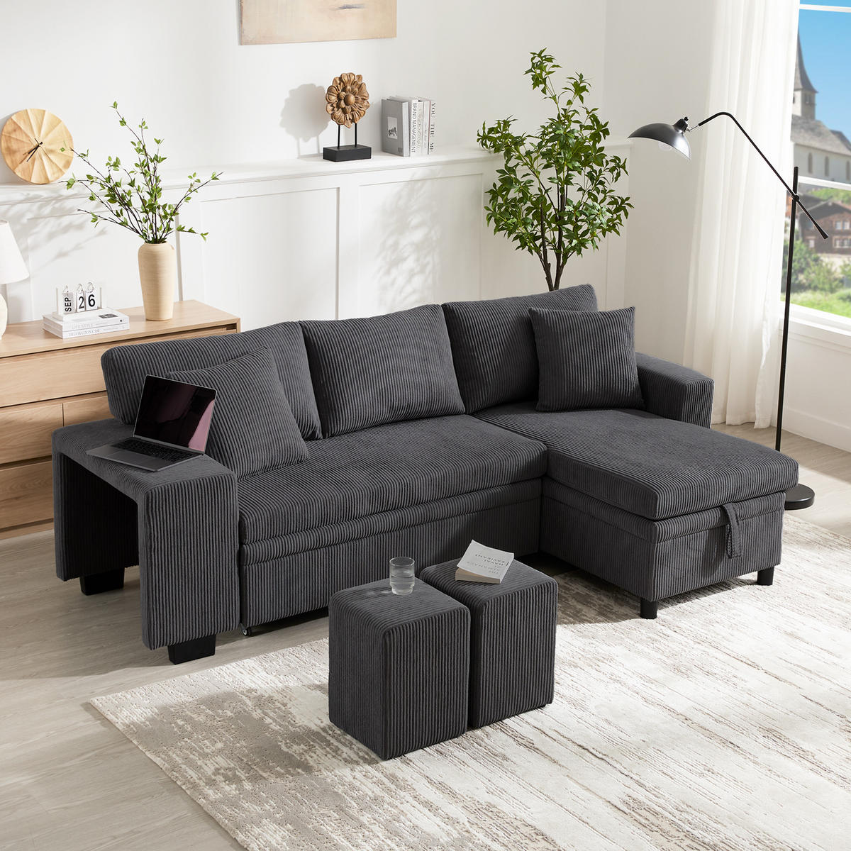 KLAPPSOFA L-Form 3-Sitzer Umbau mit USB-Ladung & Ablage Stauraum Grau - Grau, Holz (73/51.49/53.98cm) - FLIEKS