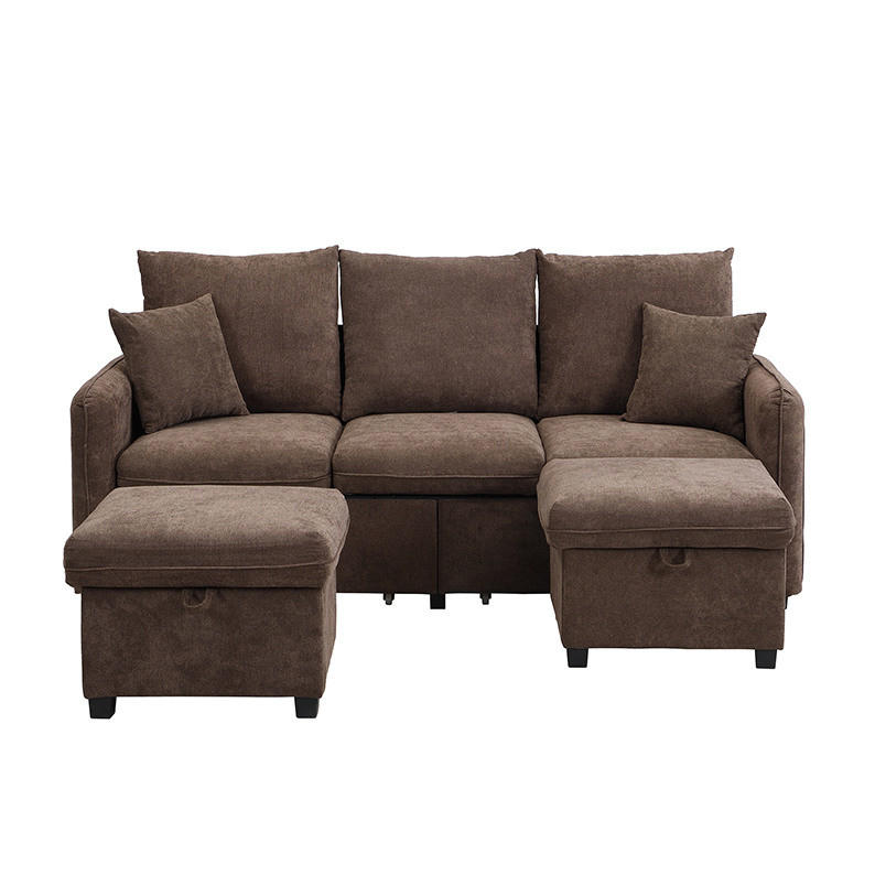 WOHNLANDSCHAFT U-Form Dreisitzer mit Staufunktion Hocker Chenille Antique Brown 220/90/85 cm - Braun, Kunststoff (188/86/186cm) - OKWISH
