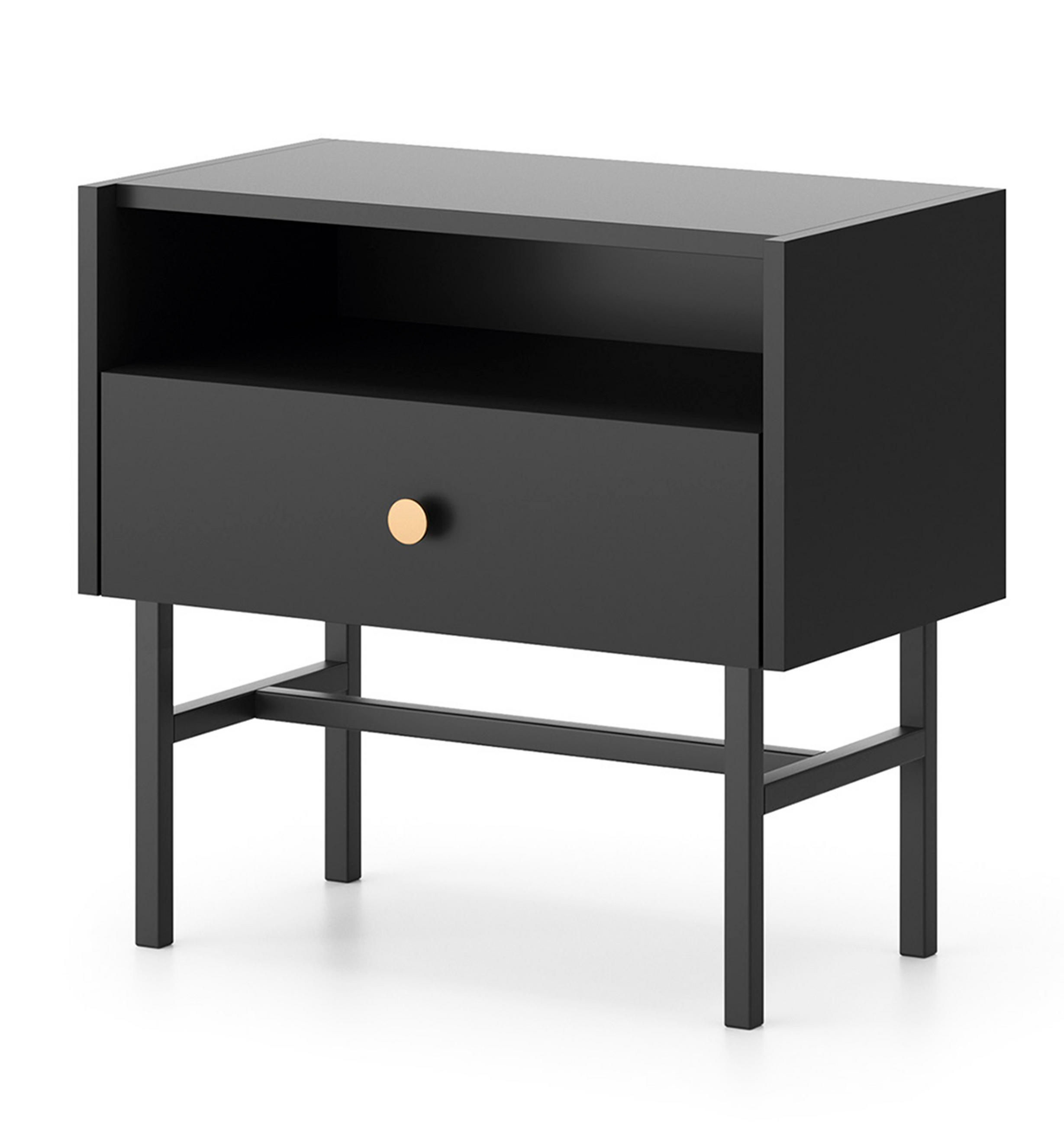NACHTTISCH Dinley 1S Schwarz 54,8/52/39 cm – mit schwarzen Beinen im minimalistischen Design - Schwarz, Holzwerkstoff/Metall (54.8/52/39cm) - AX Living