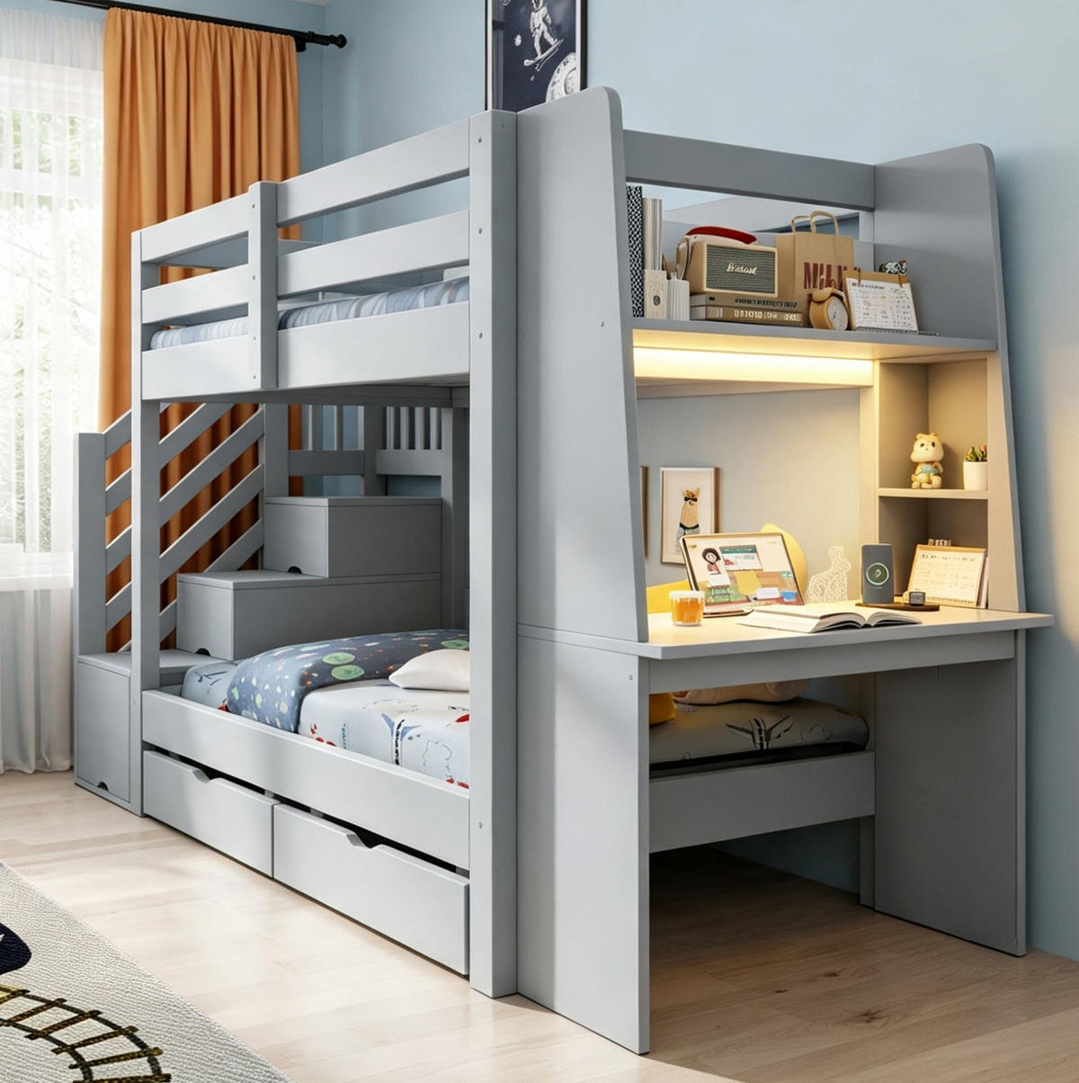 ETAGENBETT aus Holz 90x200 cm Grau mit Stauraumtreppe, Schreibtisch, LED und Steckdose - Grau, Holz (90/200cm) - Modfu
