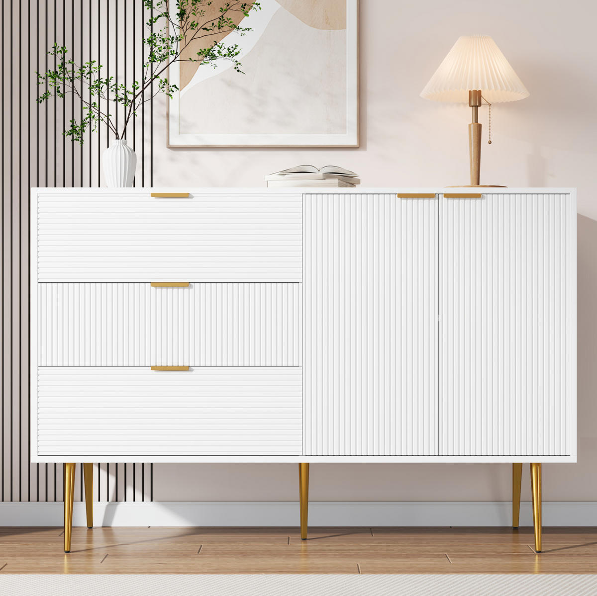 SIDEBOARD in Weiß-Gold mit 3 Schubladen und 2 Türen, MDF-Korpus, Wellenmuster, elegante goldene Griffe und Beine, 120/38/80,5 cm, Weiß-Gold - Weiß, Holzwerkstoff (120/80.5/38cm) - Redom