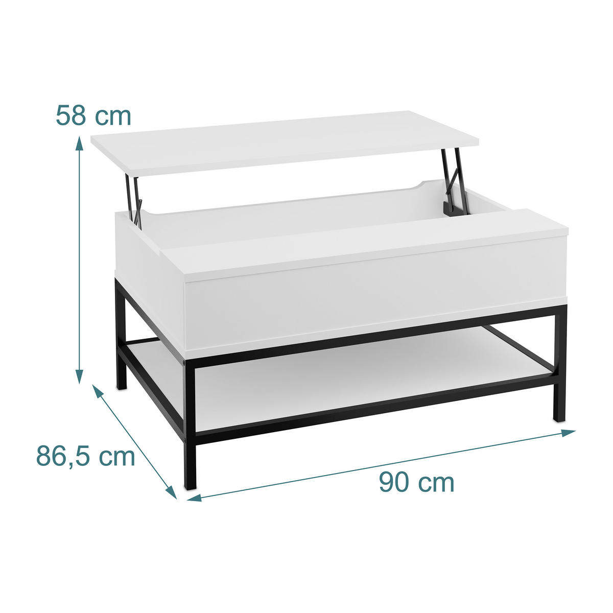 COUCHTISCH Schwarz aufklappbar höhenverstellbar 90x60 cm - Weiß, Holzwerkstoff/Metall (90/86.5/58cm) - Relaxdays