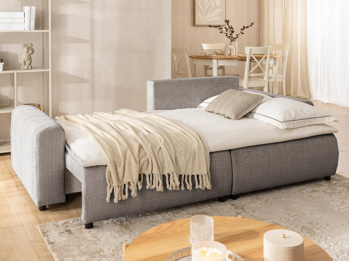 ECKSOFA Calma mit Schlaffunktion und Bettkasten im Bumpy-Design aus weichem Taupe Chenille-Stoff - Ottomane rechts - Taupe/Beige, Holz/Kunststoff (239/140cm) - S-Style Möbel