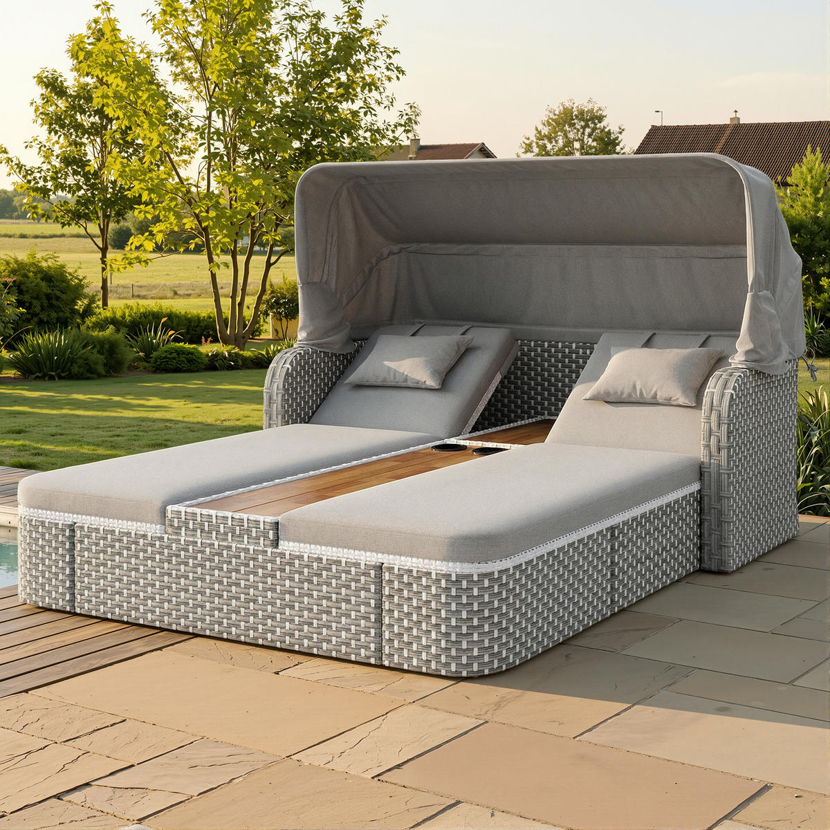 SONNENLIEGE aus Rattan 192x160x137cm in Grau mit klappbarem Sonnensegel - Grau, Metall (160/137/192cm) - Modfu