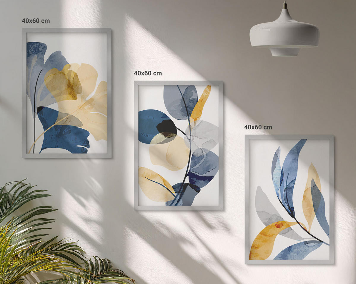 WANDBILDER 3er Set - 40x60 cm Silberner Rahmen - Aquarell-Pflanzenmotive - Silberfarben, Kunststoff (40/60cm) - ArtPrintCave