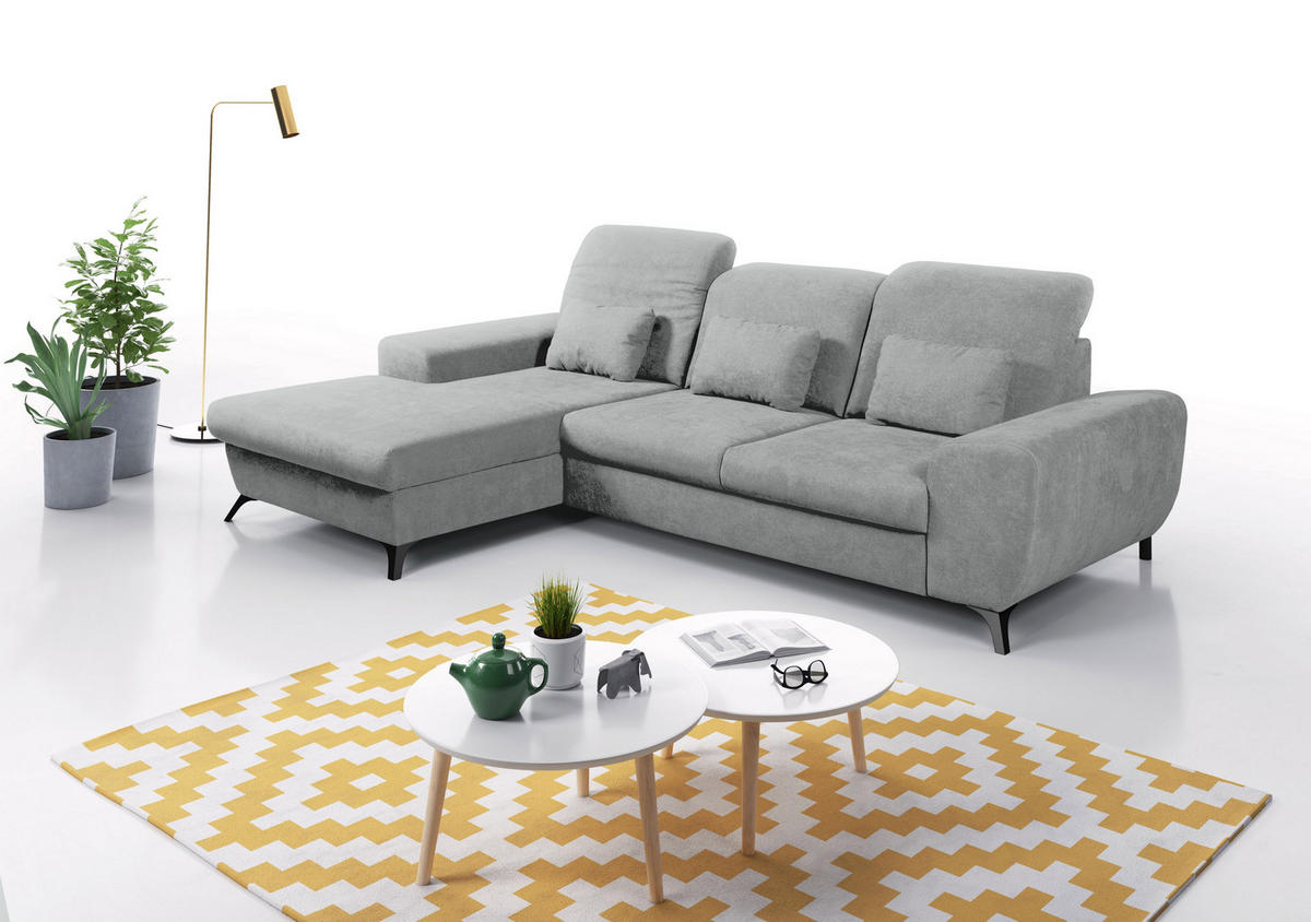 ECKSOFA LUCE L-S Grau Plüsch-Stoff mit Schlaffunktion - Grau, Holz (279/172cm) - MASSENO