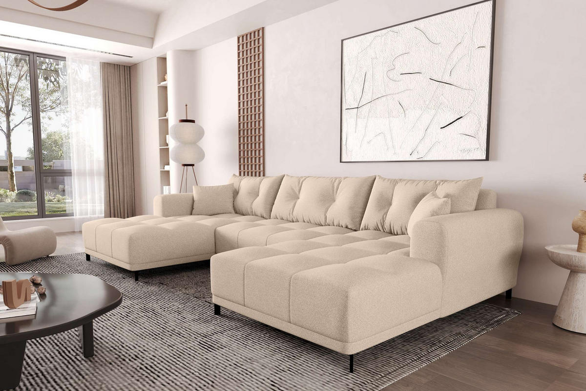 WOHNLANDSCHAFT Strukturstoff Beige inkl. Schlaffunktion - Beige/Schwarz, Textil/Metall (348/94/181cm) - 99rooms