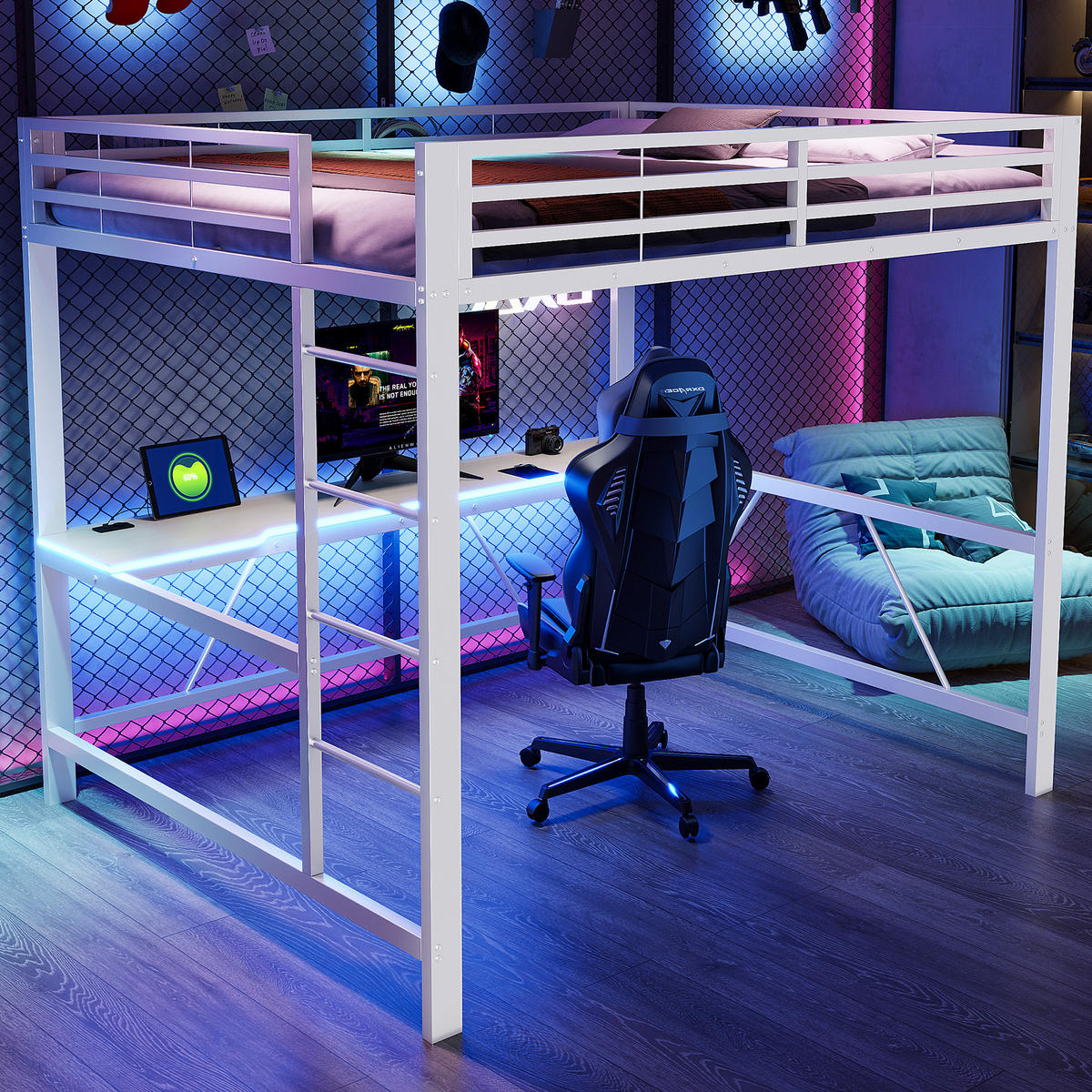 HOCHBETT 160/200 cm in Weiß mit Schreibtisch, LED und USB - Weiß, Holzwerkstoff/Metall (160/200cm) - WISHDOR