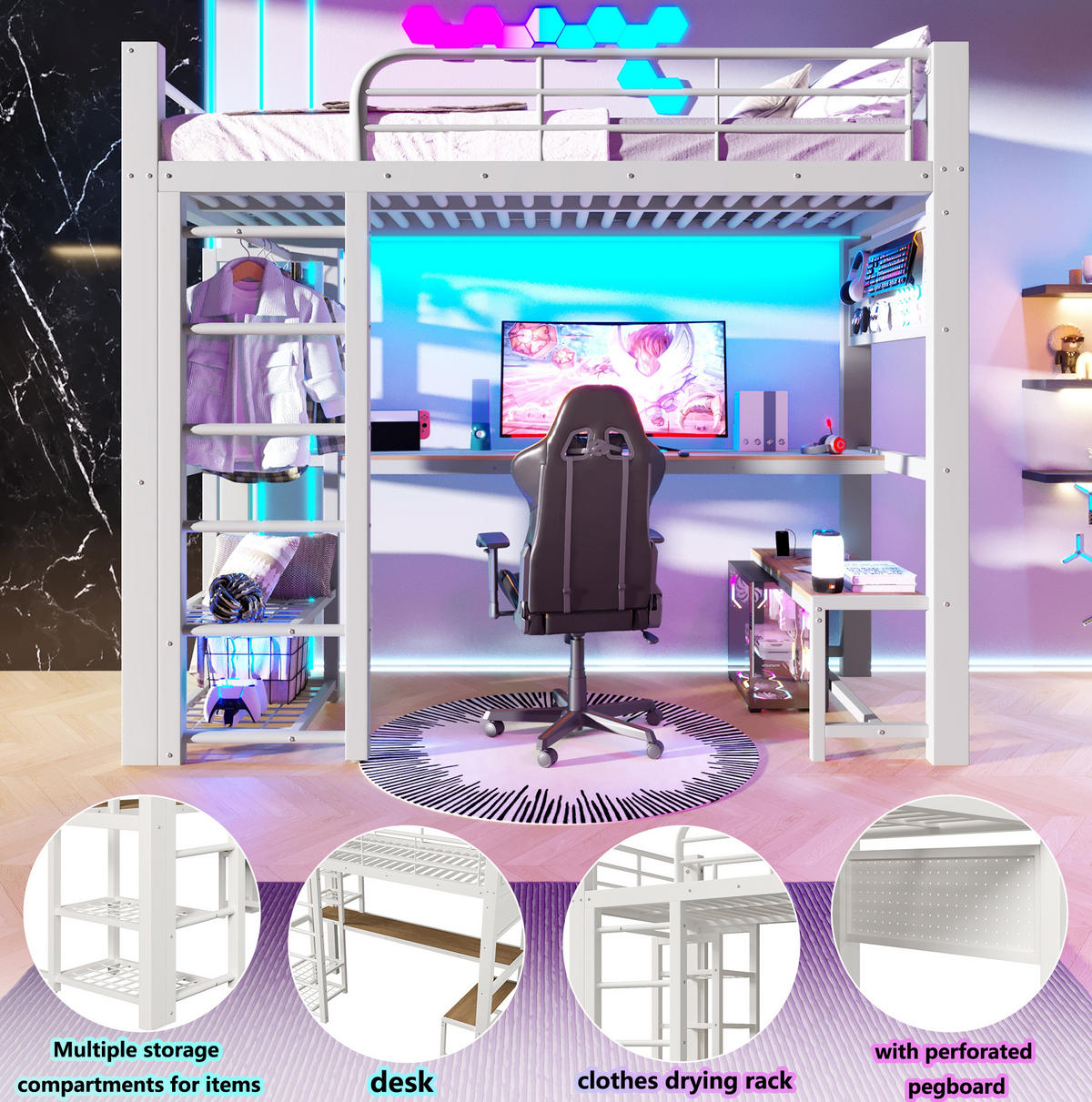 HOCHBETT 90/200 cm Weiß mit LED, Schreibtisch und Stauraum ohne Matratze - Weiß, Metall (90/200cm) - MIVRAY