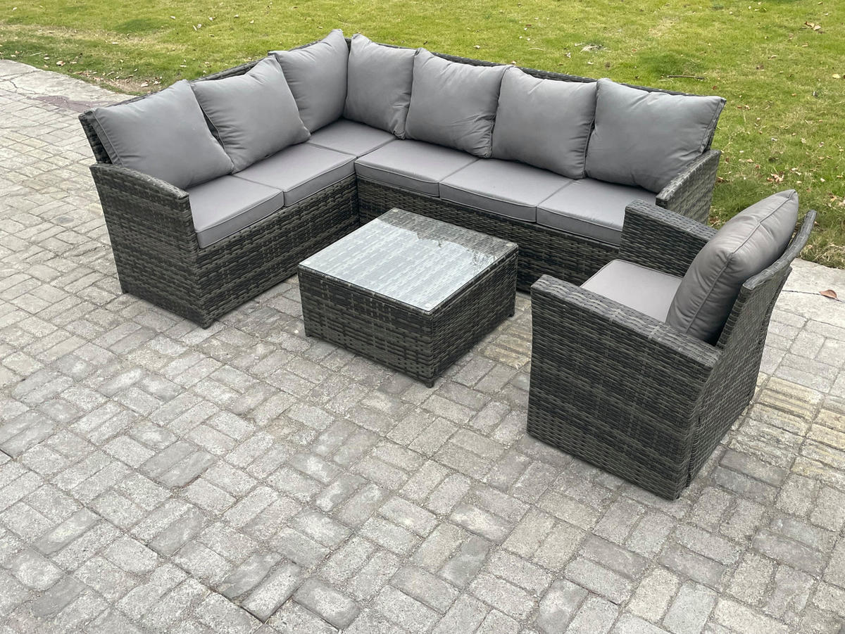 GARTENGARNITUR mit Ecksof,Couchtisch,Stuhl Polyrattan Dunkelgrau 7-Sitzer - Dunkelgrau/Grau, Glas/Kunststoff - Fimous