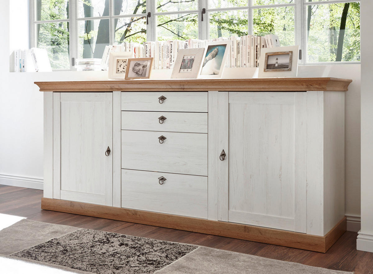 SIDEBOARD weiß Pinie, Eiche Wotan 210 cm, Anrichte im Landhaus-Stil - Eiche Wotan/Silberfarben, Holzwerkstoff/Metall (210/91/52cm) - Furn.Design
