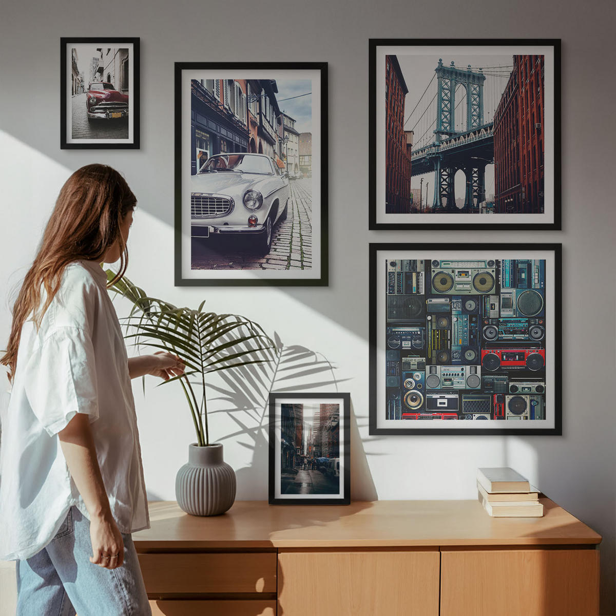 WANDBILDER 5er-Set - 50x50 cm & 20x30 cm & 40x60 cm Schwarzer Rahmen - Old Cars Brooklyn Retro-Audio - Schwarz, Kunststoff (40/60cm) - ArtPrintCave
