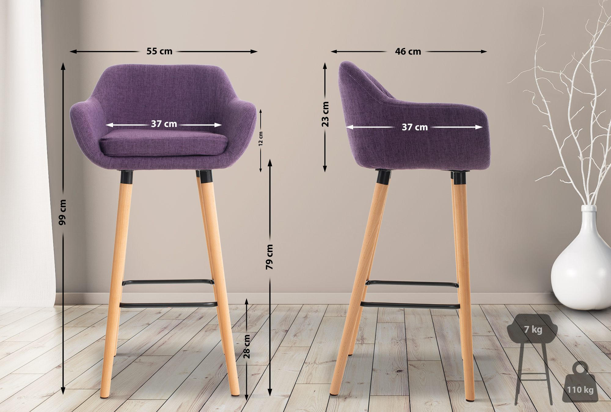 BARHOCKER Stoff lila - Eukalyptusholzfarben/Lila, Holz/Textil (55/99/46cm) - CLP