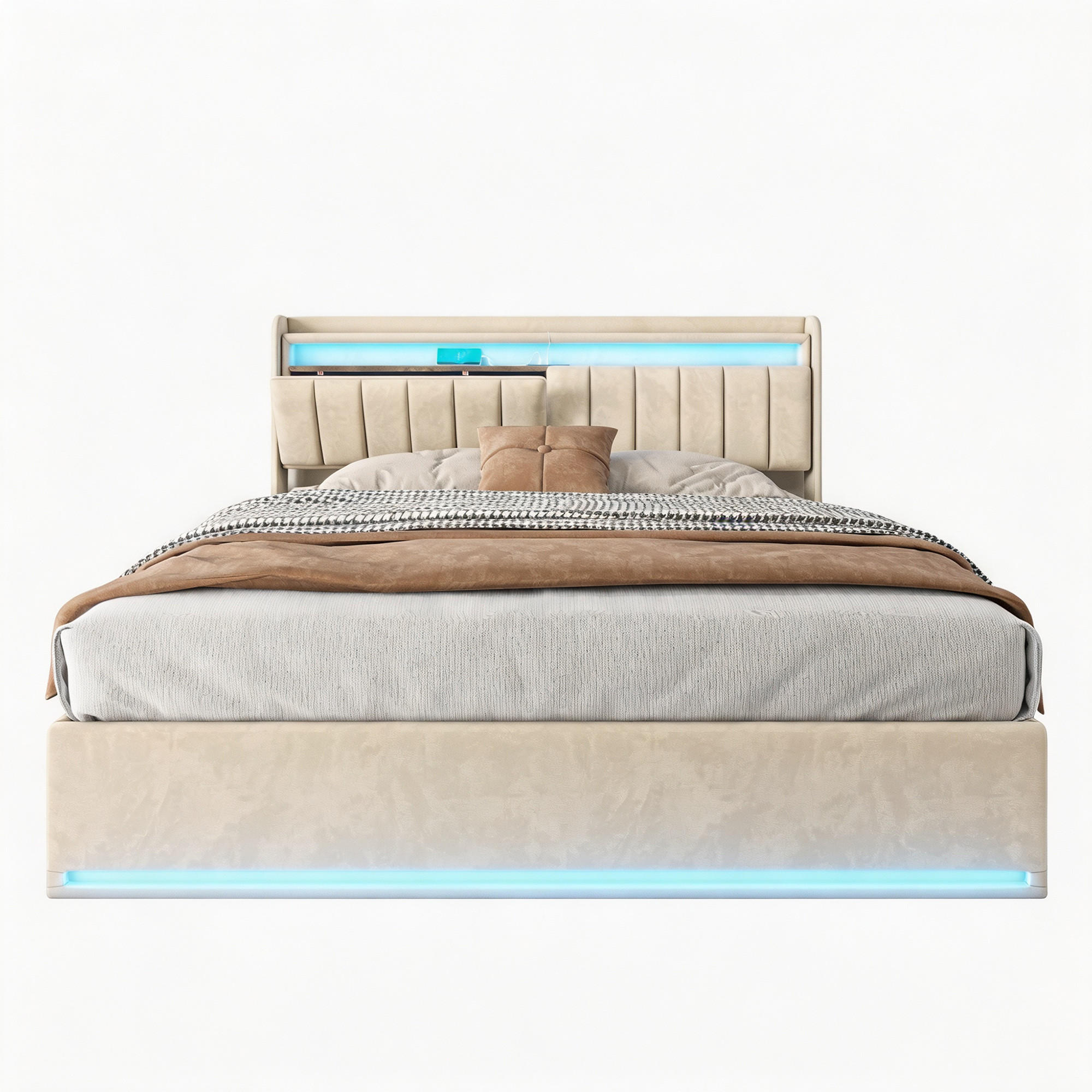 POLSTERBETT 160x200 cm mit Bettkasten, Doppelbett , USB und LED, Lattenrost und Stauraum, Samt Beige - Beige, Holz/Textil (160/200cm) - GENKI LIVING