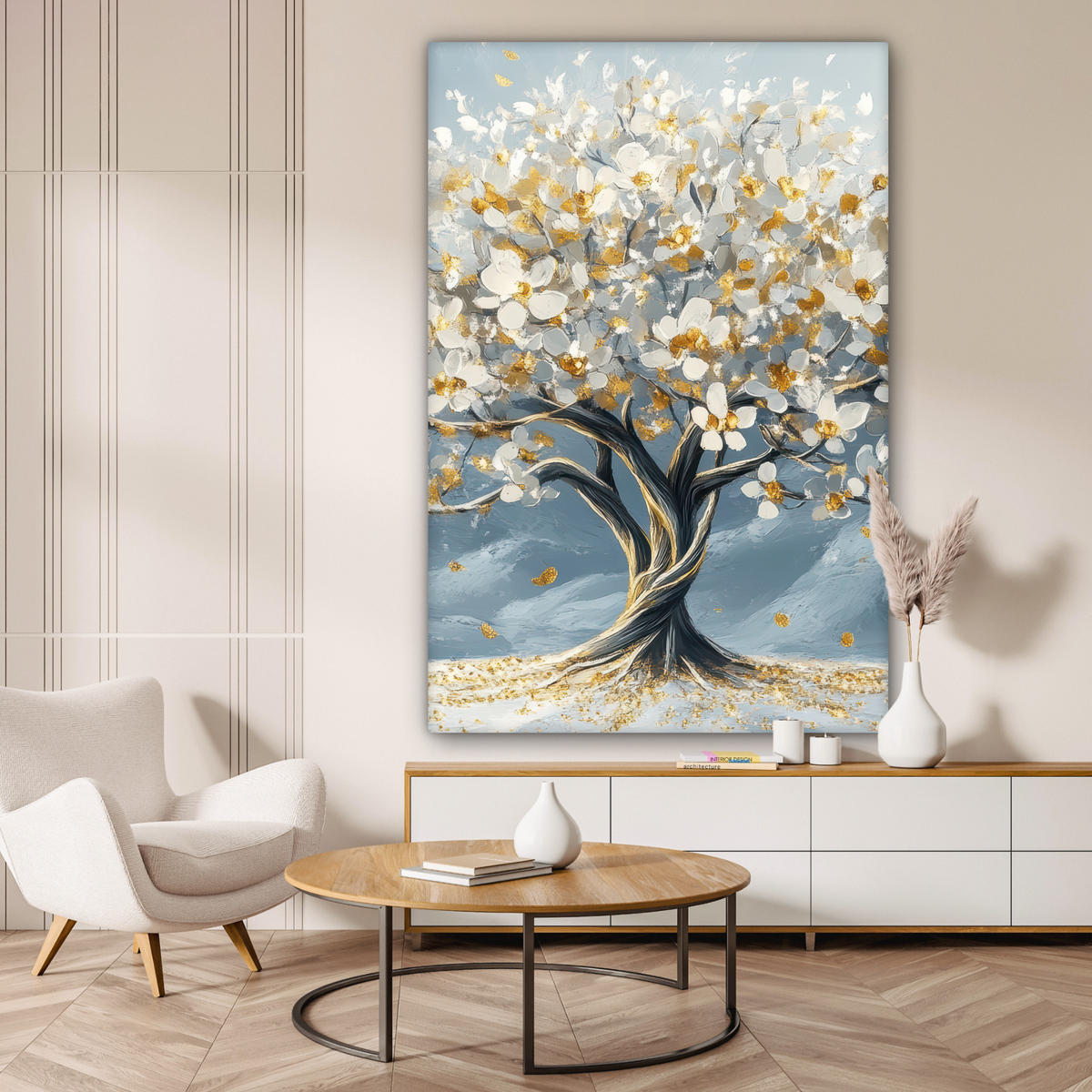 SLIKA NA PLATNU Drevo 90x140 cm - zlate barve, tekstil (90/140cm) - MuchoWow