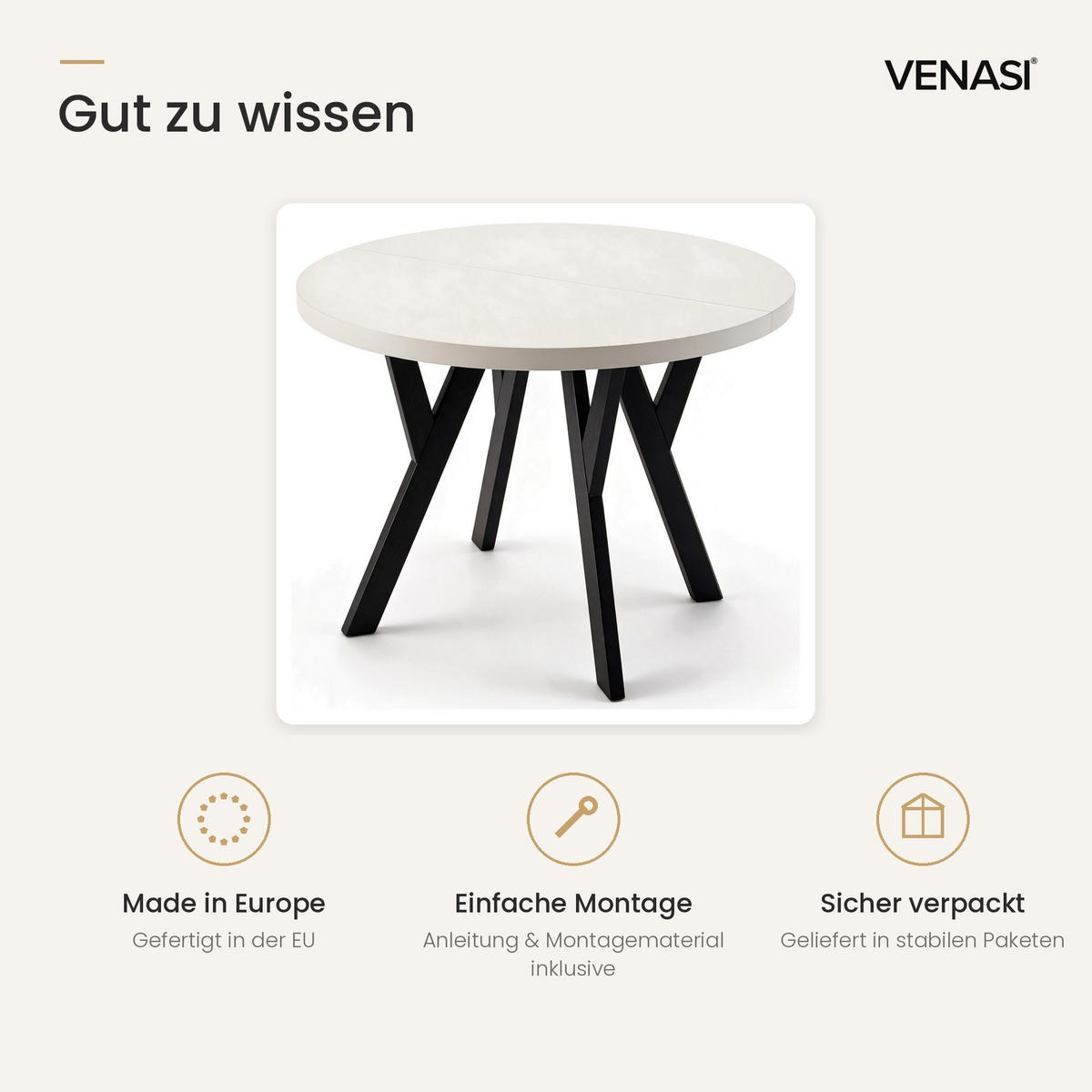 ESSTISCH ausziehbar rund 90-190 cm ATO Weiß, Auszugstisch mit Einlegeplatte - Schwarz/Weiß, Holzwerkstoff (90/90/77cm) - VENASI MÖBEL
