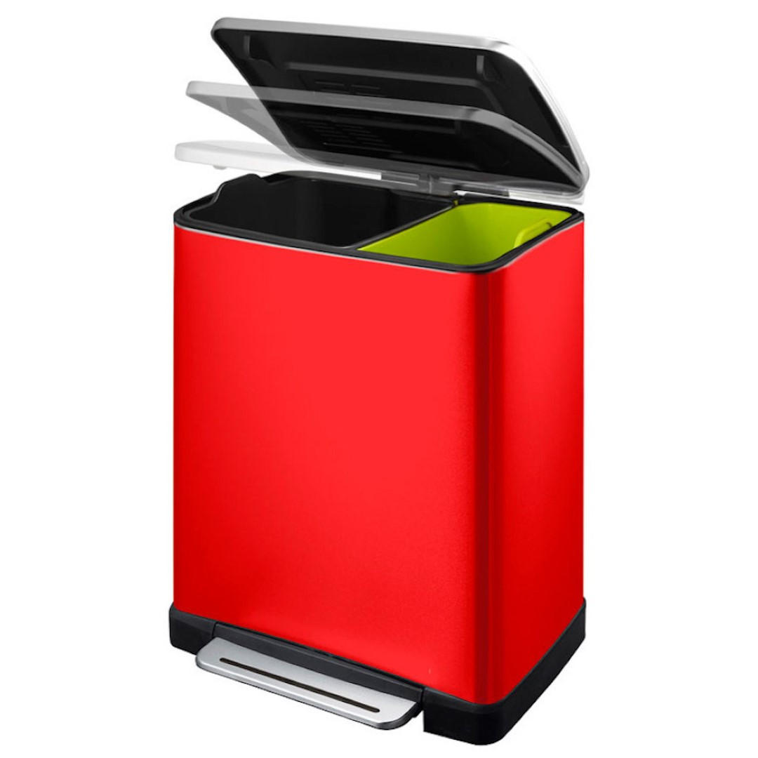 MÜLLEIMER Stilvoller Rechteckiger Mit Extra Breitem Pedal 46 Liter 65 x 50 x 34,5 cm 2 Inneneimer Aus Kunststoff Rot Deckel Edelstahl - Rot, Metall (50/65/34.5cm) - PROREGAL