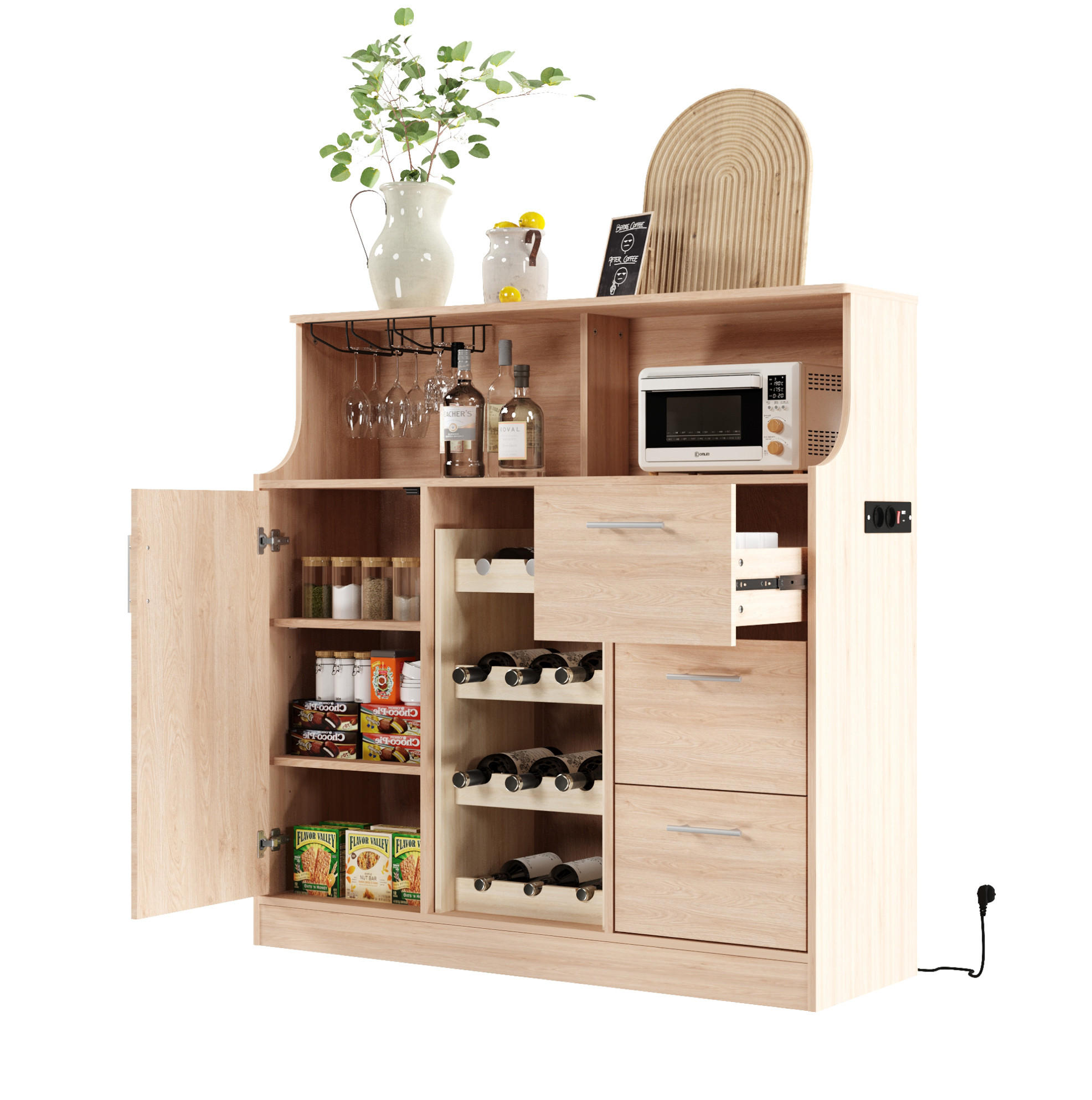 OKWISH BOČNÍ skříň 120/40/121 cm přírodní a bílá z MDF s LED osvětlením, zásuvkou a винotékou