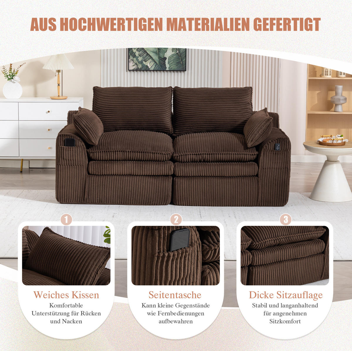 2-SITZER-SOFA 191/94/85 cm mit Seitentaschen, Kissen und Federkern, Cord Braun - Braun, Textil (191/85/94cm) - Redom
