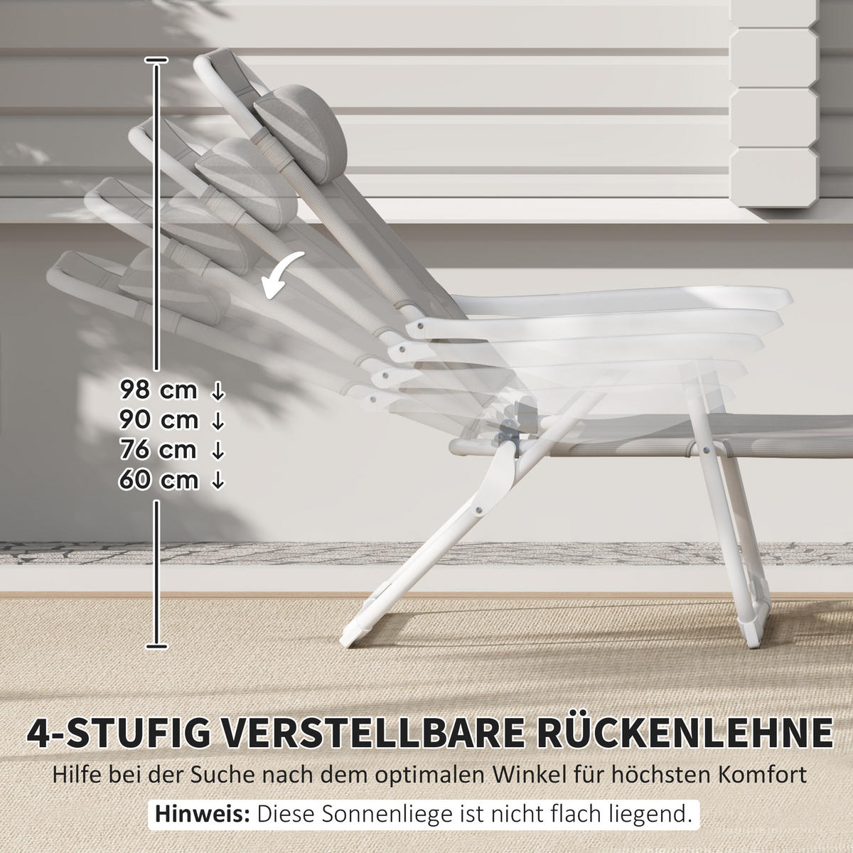 SONNENLIEGE klappbar Gartenliege mit Kopfkissen, Liegestuhl mit 4-Fach verstellbare Rückenlehne bis 120 kg Hellgrau - Hellgrau, Metall (160/98/66cm)
