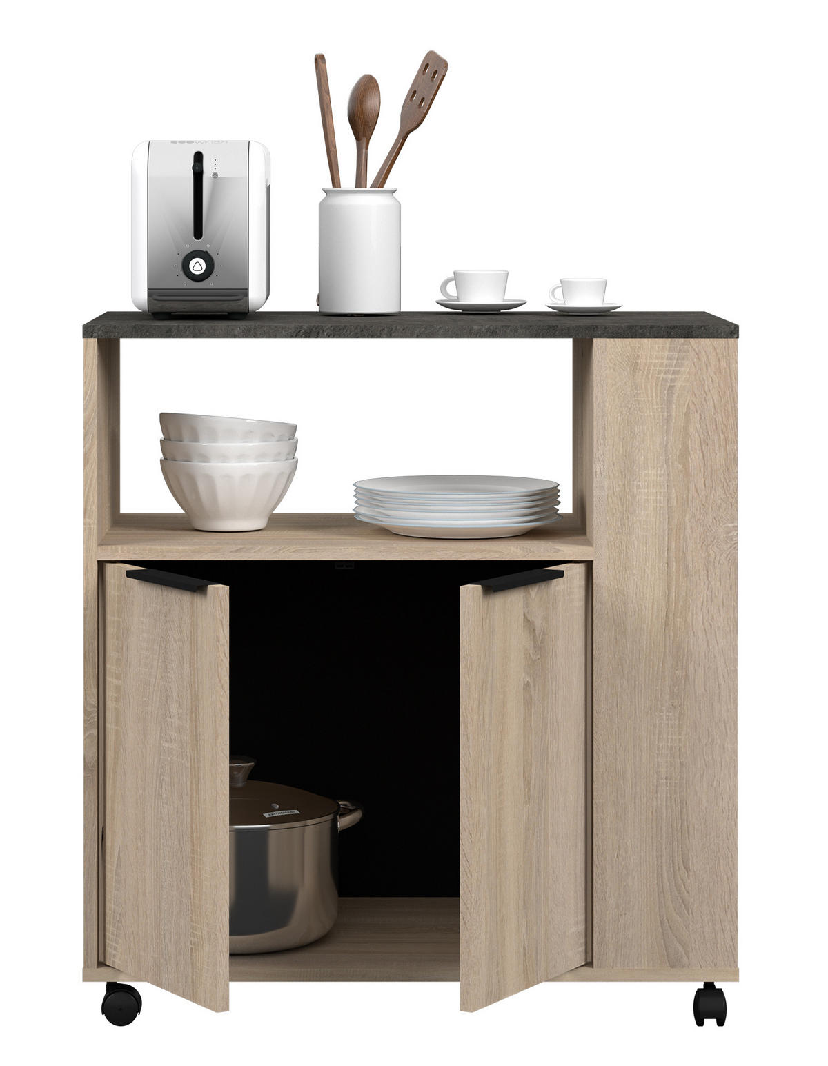 KÜCHENMÖBEL Fumay 1 in Eiche und Beton Optik 2teilig Küchenbuffet mit Beistellschrank - Braun, Holzwerkstoff (80/200/120cm)