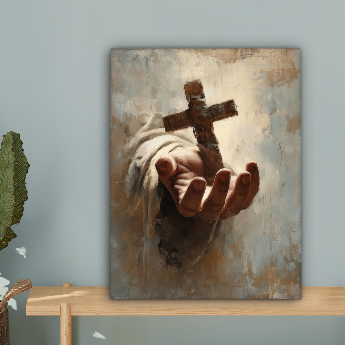 LEINWANDBILD Abstrakt - Kreuz - Hand - Christentum Room Decor 30x40 cm - Hellbraun, Textil (30/40cm) - MuchoWow