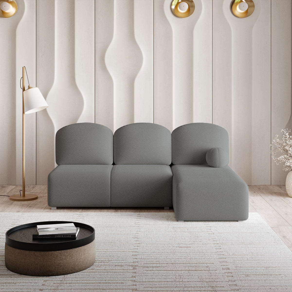 ECKSOFA TRAMA Grau Boucle-Stoff mit Schlaffunktion - Grau, Holz (200/143cm) - MASSENO