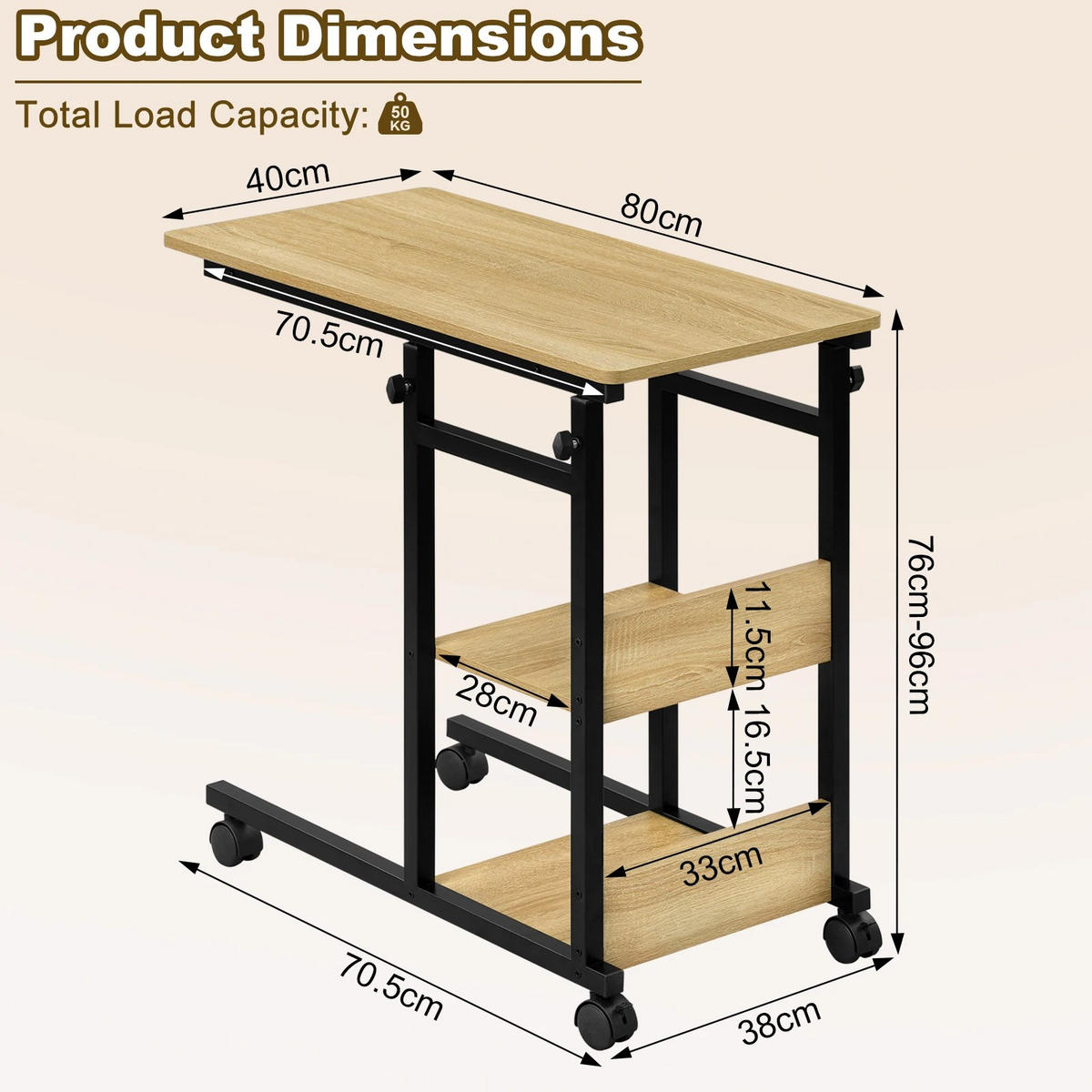 BEISTELLTISCH, C-Form, Braun, höhenverstellbar, mit Rollen - Braun, Holzwerkstoff (40/80/76cm) - Kaket