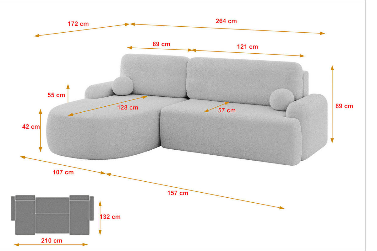 ECKSOFA mit Schlaffunktion und Bettkasten LIRA-L - 264x172x89 Hellgrau - Hellgrau, Holzwerkstoff/Textil (264/172cm) - ALTDECOR
