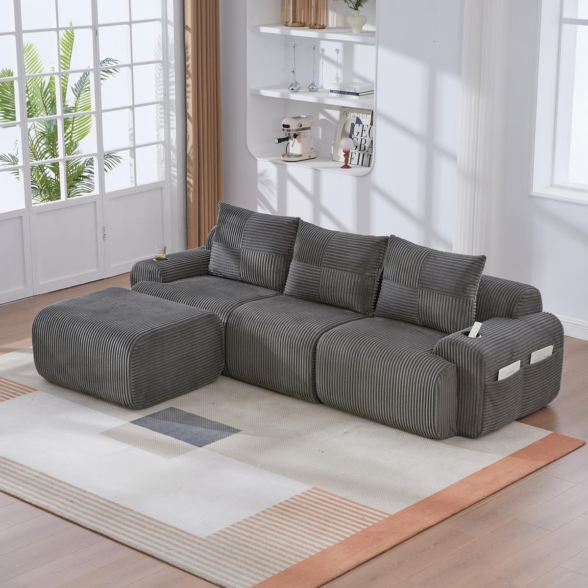 ECKSOFA 268/174/80 cm Dunkelgrau mit Fußhocker, 2 Becherhalter und Aufbewahrungstaschen - Dunkelgrau, Textil (268/174cm) - Oxeza