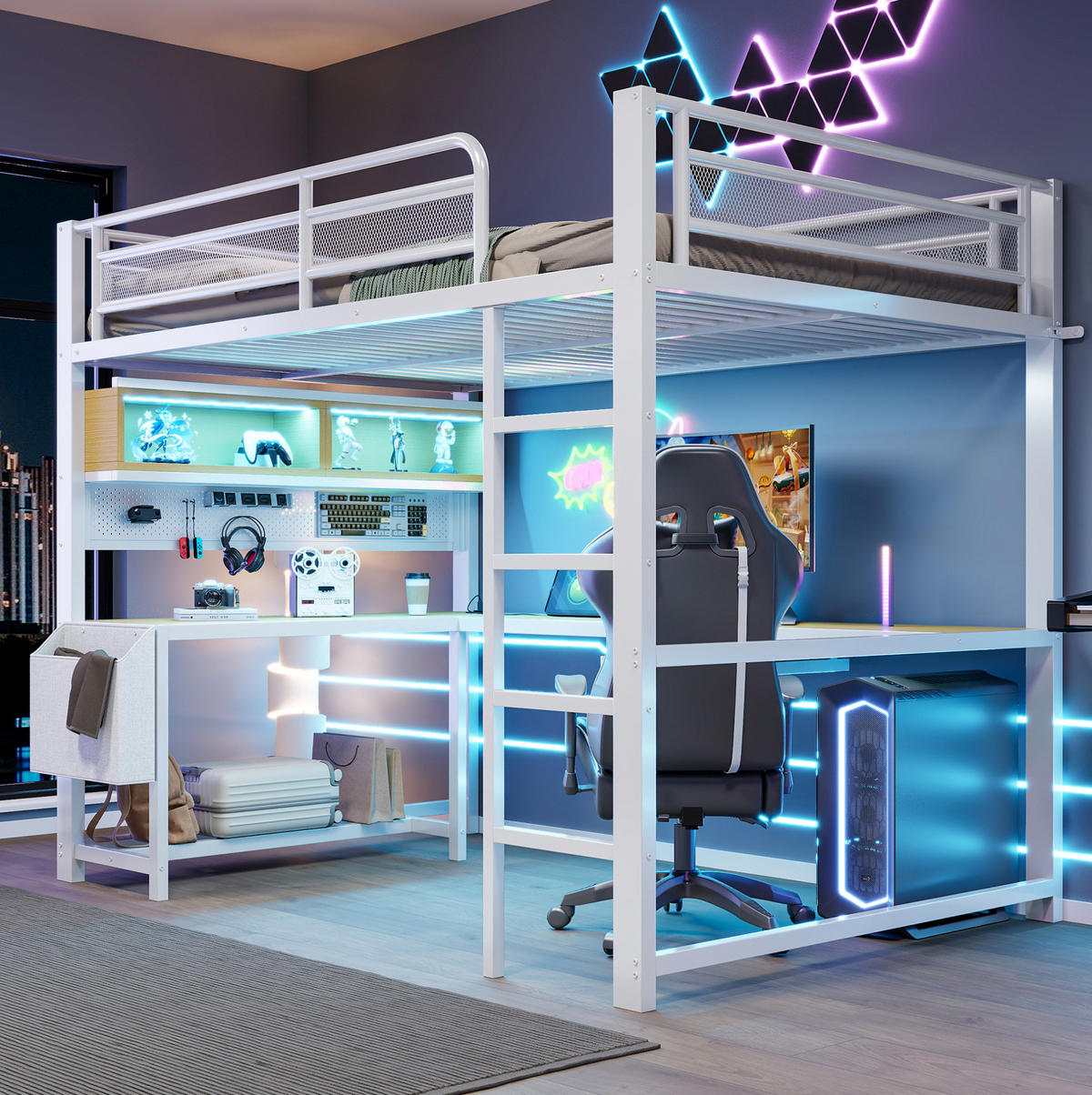 HOCHBETT 140x200 cm in Weiß mit Schreibtisch, LED-Beleuchtung und Ladestation - Weiß, Holzwerkstoff (140/200cm) - IVMEU