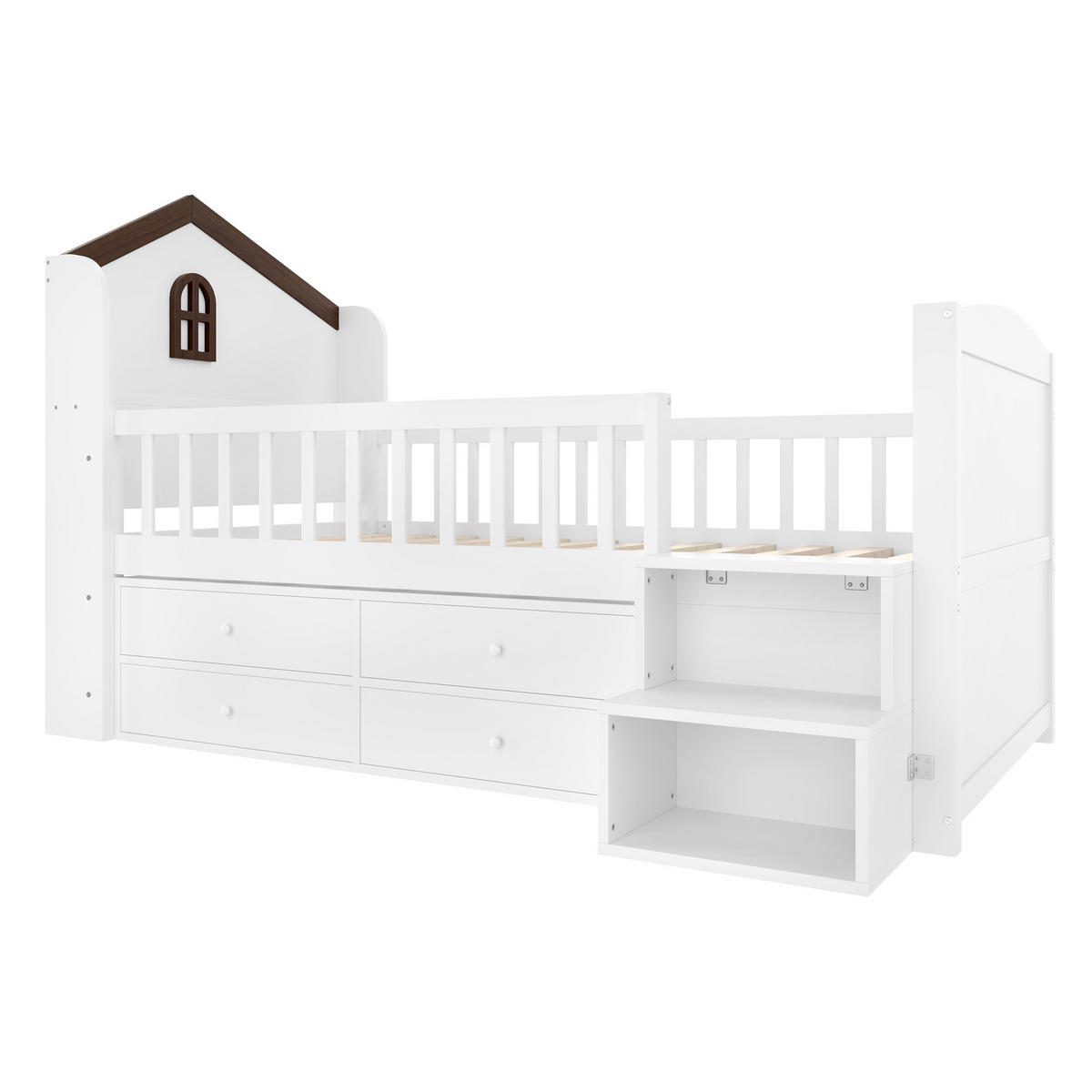 BETT halbhoch 90x200 cm Hausform Weiß mit 4 Schubladen und LED - Weiß, Holz (90/200cm) - Meubliv