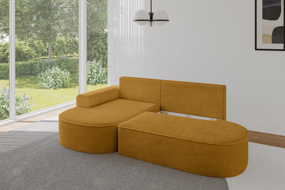 ECKSOFA mit Schlaffunktion und Bettkasten Ottomane Links MARI-L1-S - 283x167x85 cm Senfgelb Cord - Gelb/Schwarz, Holzwerkstoff/Kunststoff (283/167cm) - ALTDECOR