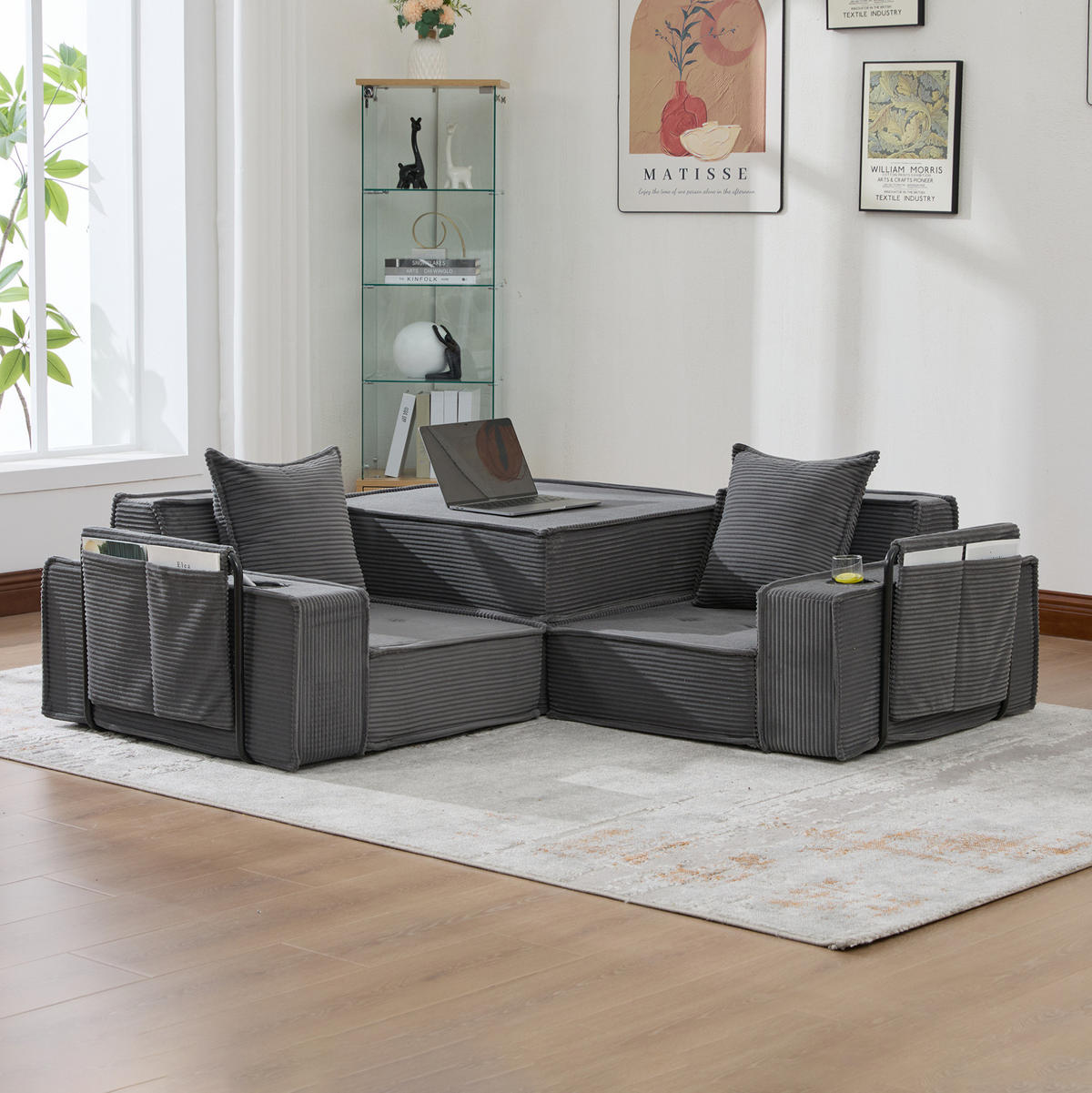 2-SITZER-SOFA 162/78/66 cm mit 2 Kissen, Seitentaschen und modularem Cord-Design, Dunkelgrau - Dunkelgrau, Textil (162/66/78cm) - Redom