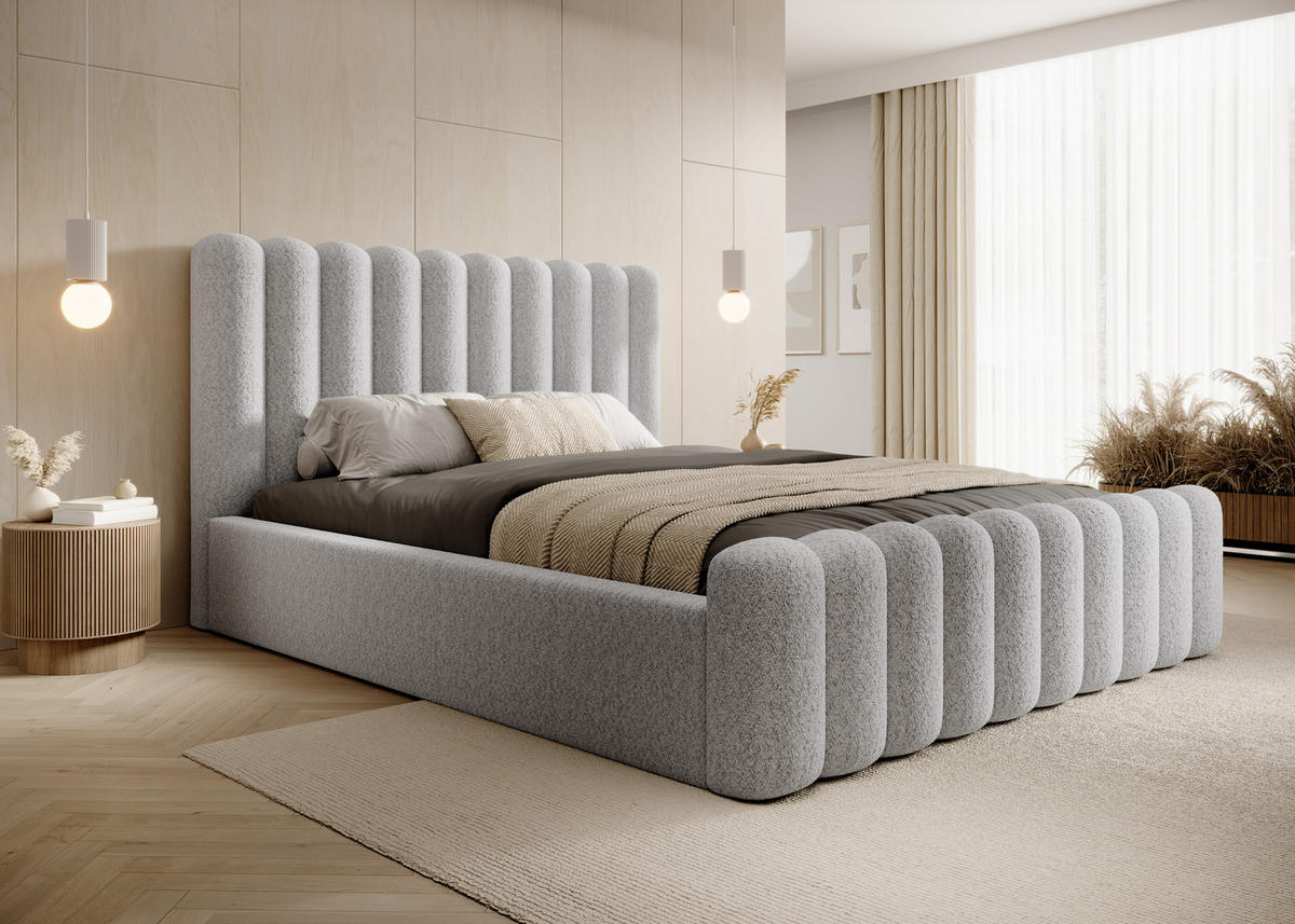 POLSTERBETT Komfortables Polsterbett Mona V 160x200 cm – Bett mit Stauraum & Halbwalzen-Design, Esche - Eschefarben/Schwarz, Holzwerkstoff/Kunststoff (160/200cm) - DomoHome