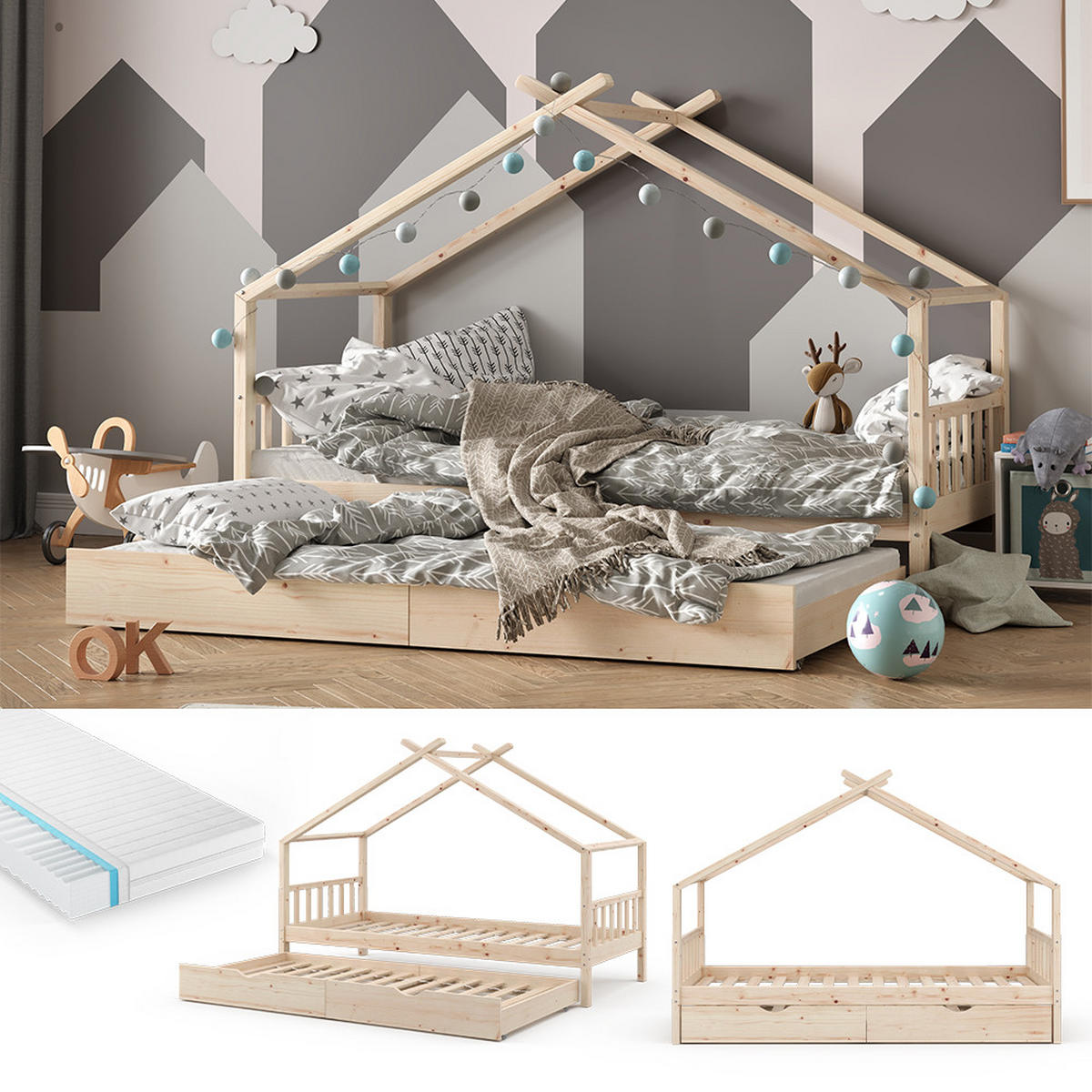 HAUSBETT Design Naturholz 90x200 cm mit Gästebett und Matratze - Naturfarben, Holz (90/200cm) - VitaliSpa