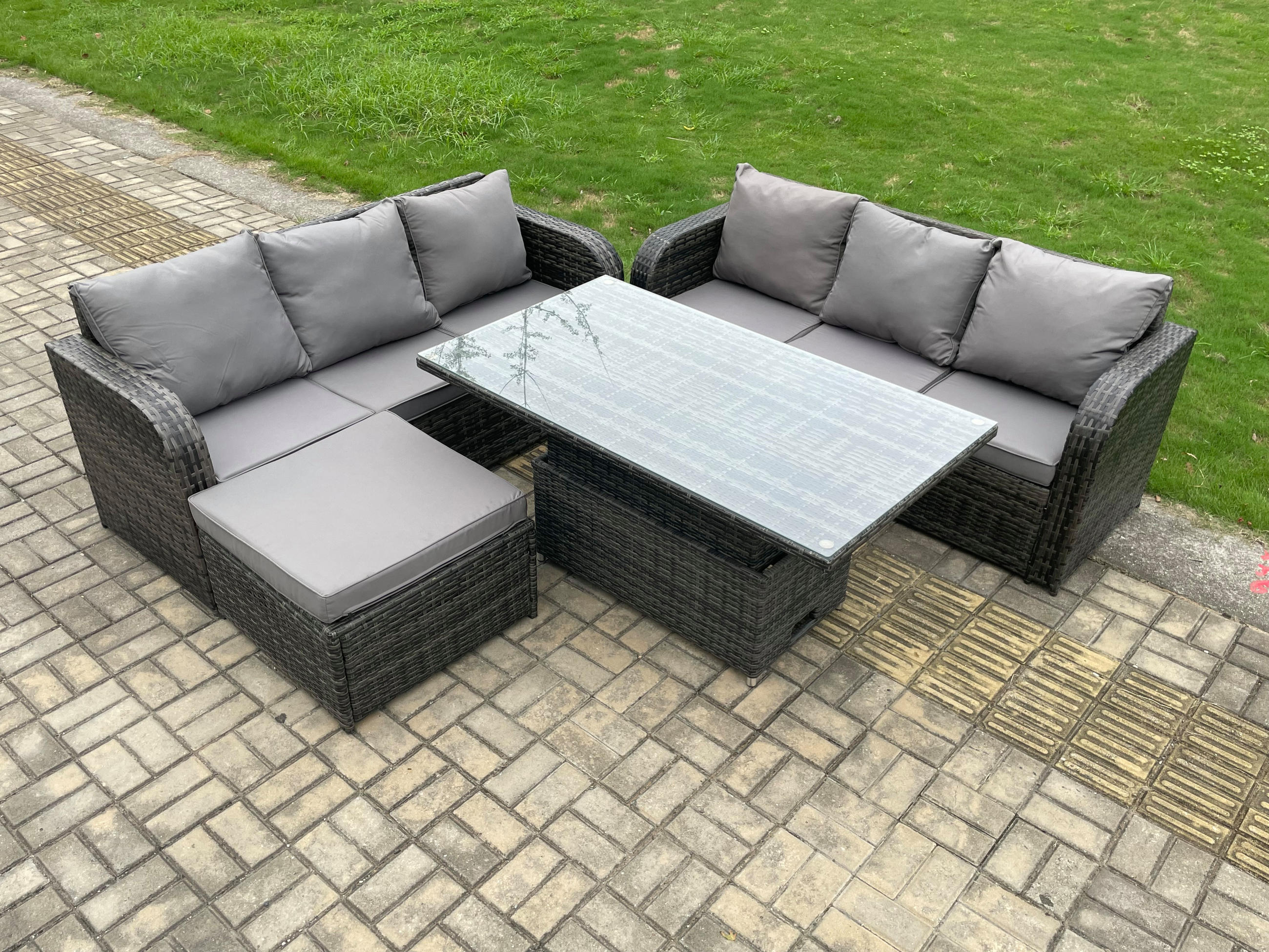 GARTENSOFA-SET HÖHENVERSTELLBARER ESSTISCH Polyrattan 7-Sitzer - Dunkelgrau/Grau, Glas/Kunststoff - Fimous